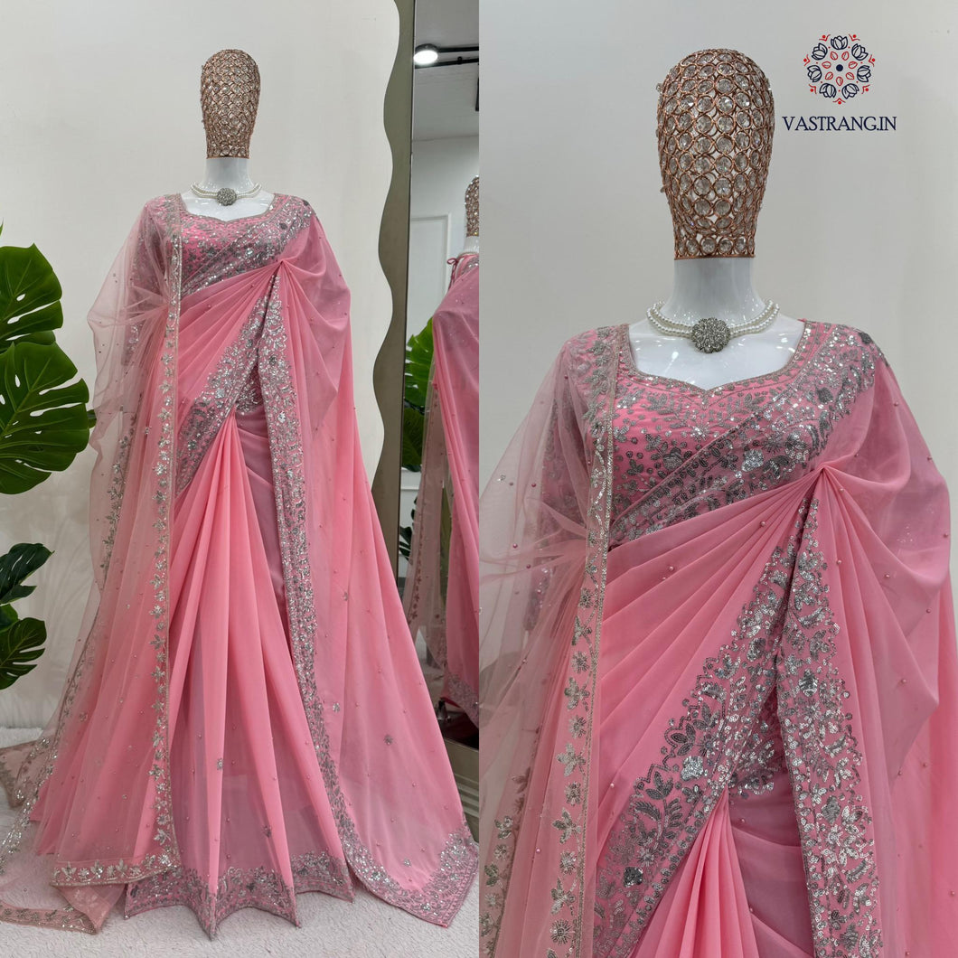 New Festive Wear Pink Color Faux Georgette Sequence n Pearl Work Fancy Designer Saree n Blouse With Stunner Dupatta