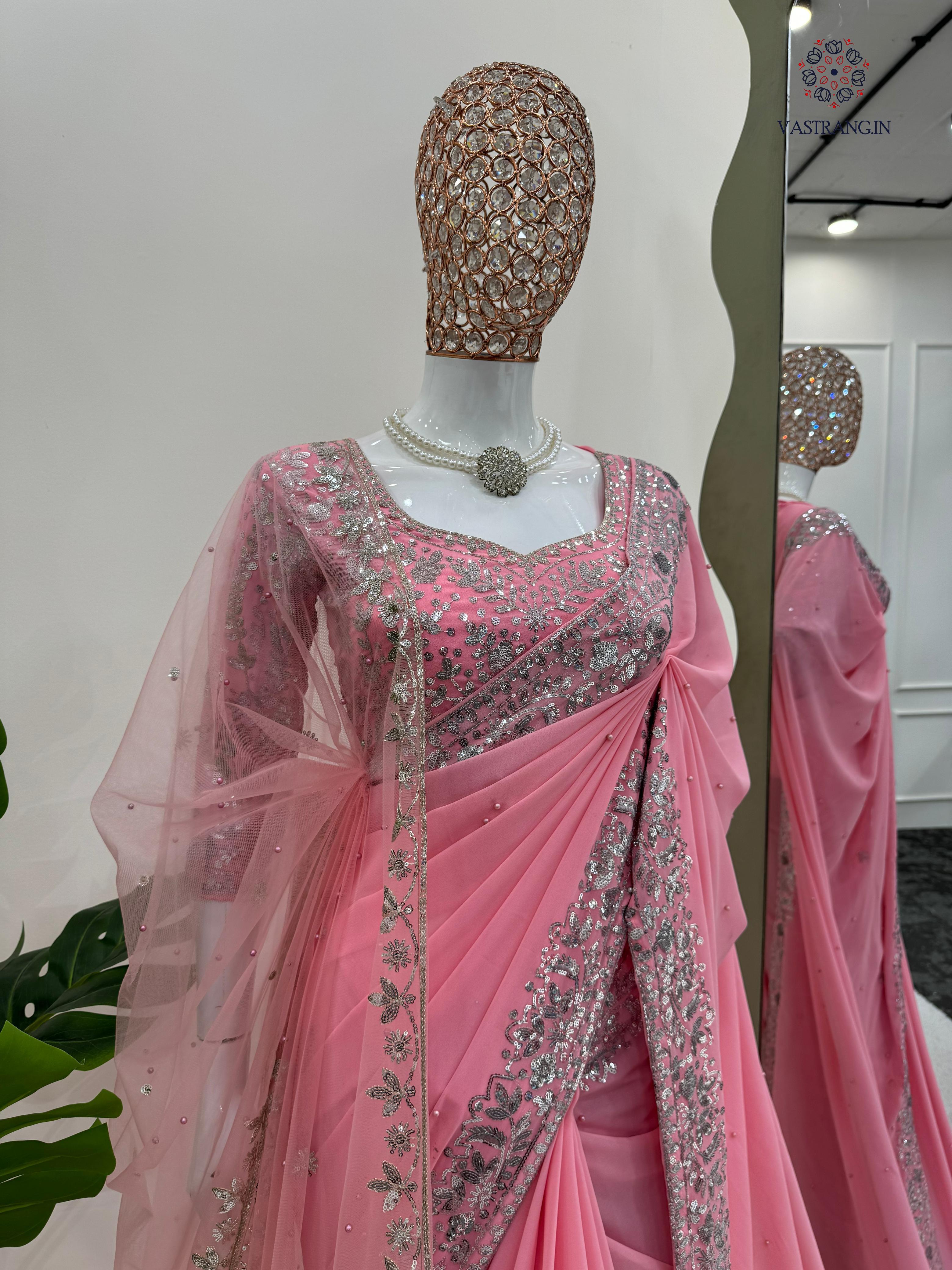 New Festive Wear Pink Color Faux Georgette Sequence n Pearl Work Fancy Designer Saree n Blouse With Stunner Dupatta