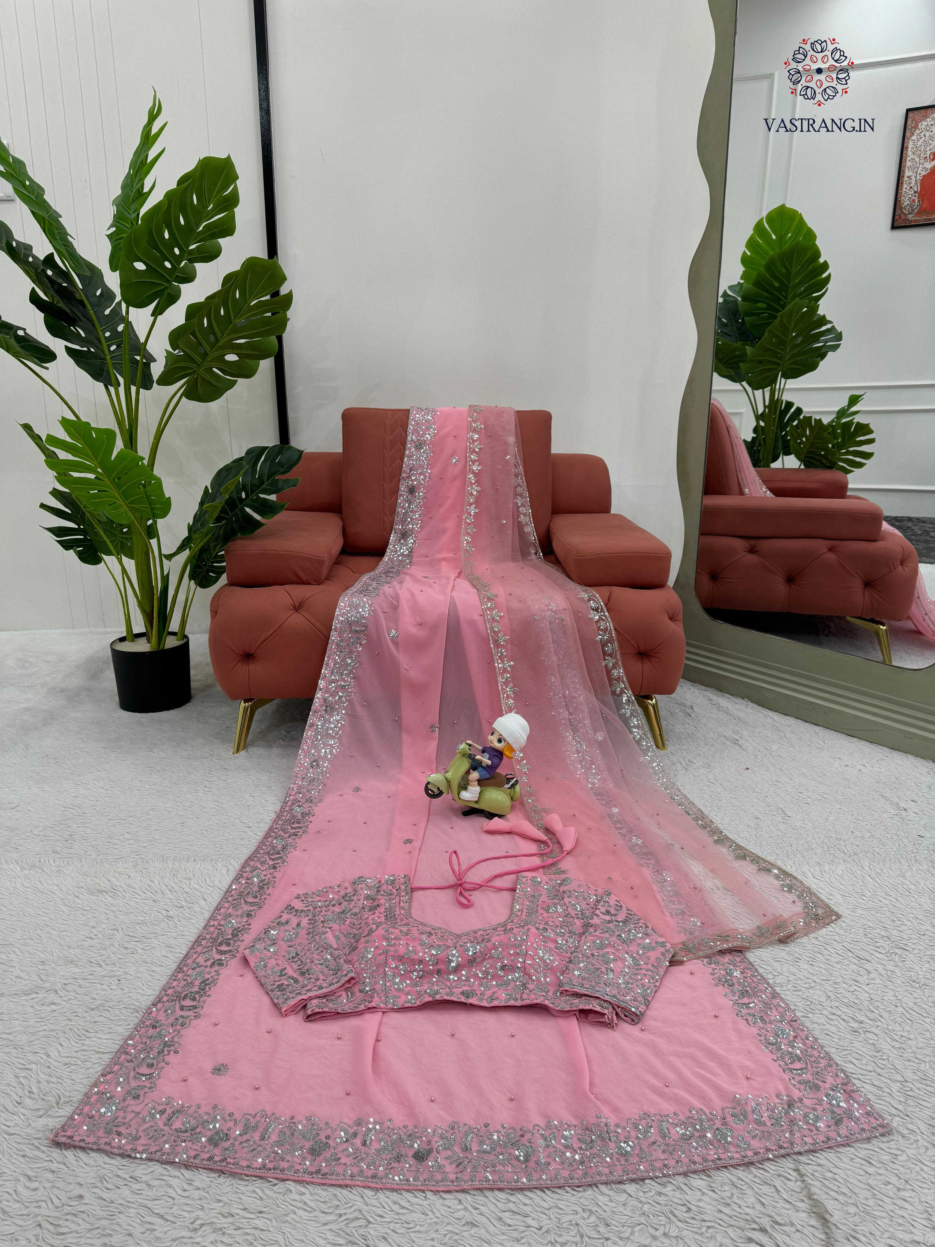 New Festive Wear Pink Color Faux Georgette Sequence n Pearl Work Fancy Designer Saree n Blouse With Stunner Dupatta