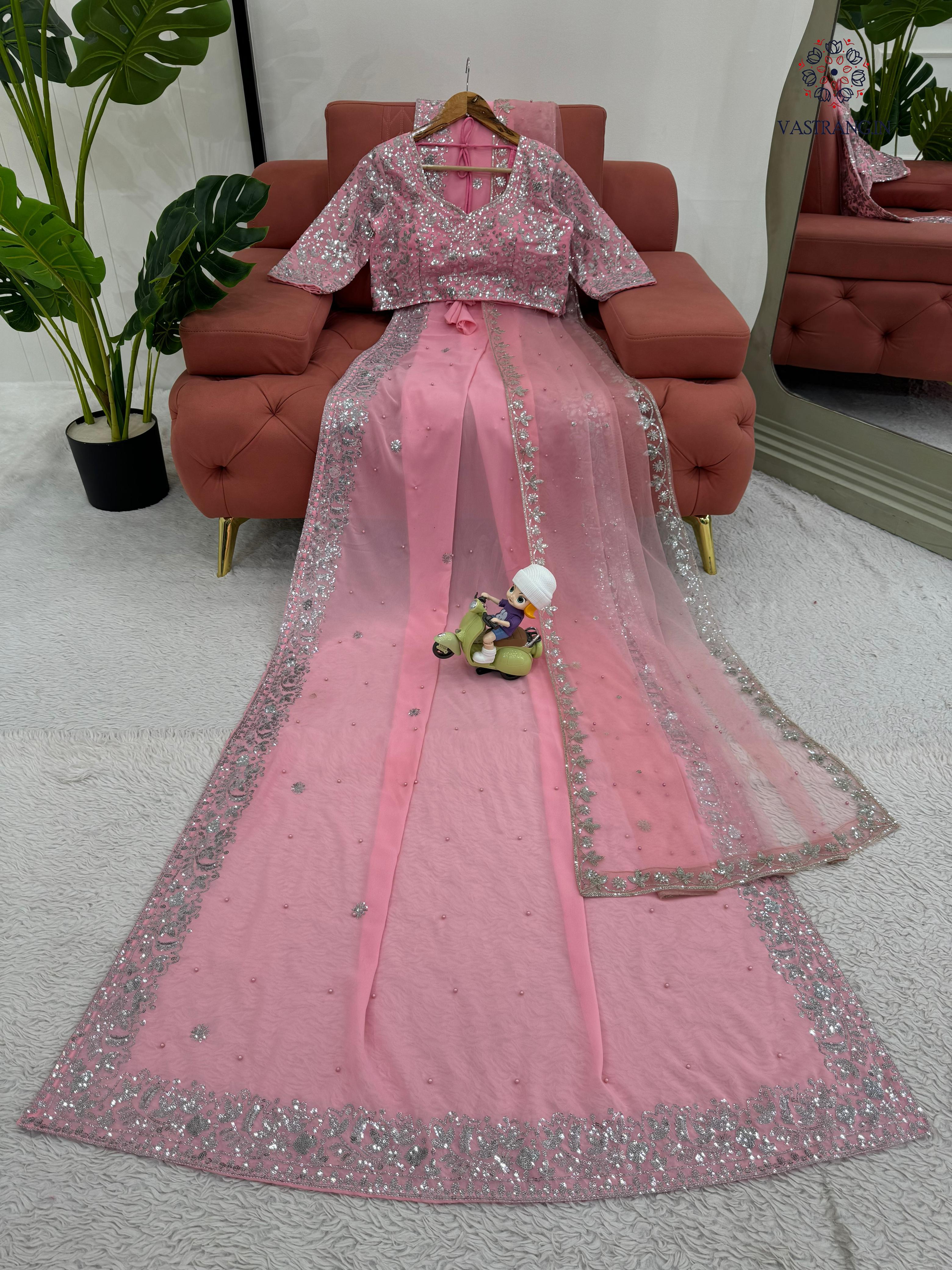 New Festive Wear Pink Color Faux Georgette Sequence n Pearl Work Fancy Designer Saree n Blouse With Stunner Dupatta