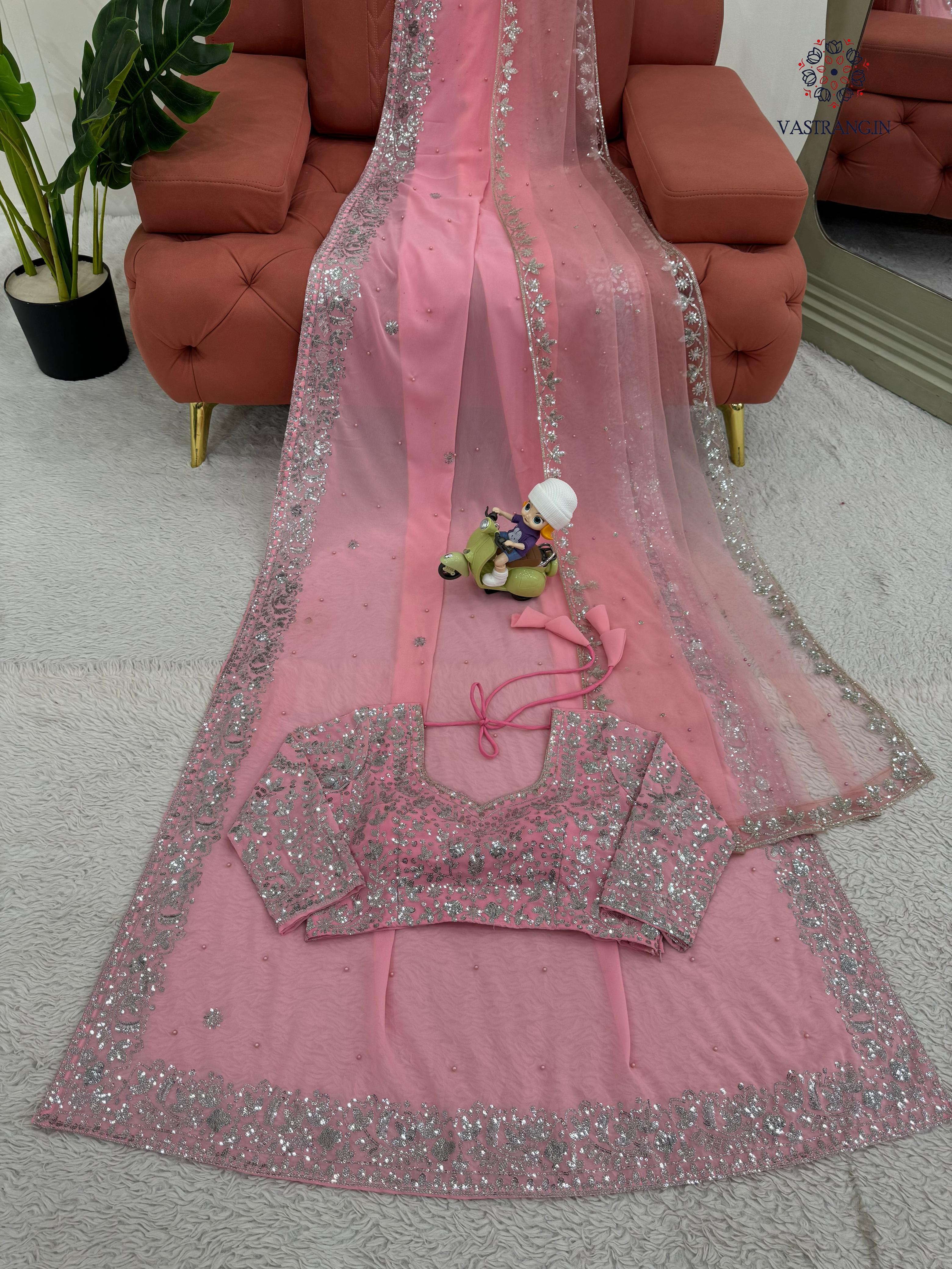 New Festive Wear Pink Color Faux Georgette Sequence n Pearl Work Fancy Designer Saree n Blouse With Stunner Dupatta