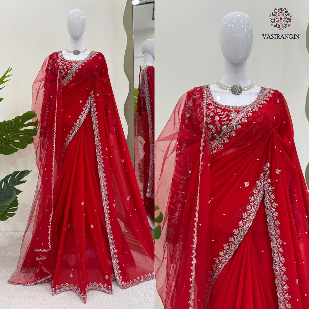 New Wedding Wear Glorious Red Color Faux Georgette Sequence n Pearl Work Fancy Designer Saree Blouse With Stunner Dupatta