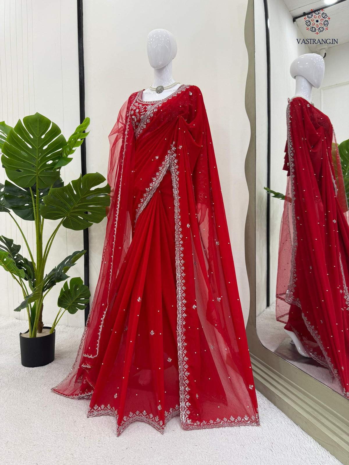 New Wedding Wear Glorious Red Color Faux Georgette Sequence n Pearl Work Fancy Designer Saree Blouse With Stunner Dupatta