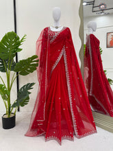 Load image into Gallery viewer, New Wedding Wear Glorious Red Color Faux Georgette Sequence n Pearl Work Fancy Designer Saree Blouse With Stunner Dupatta
