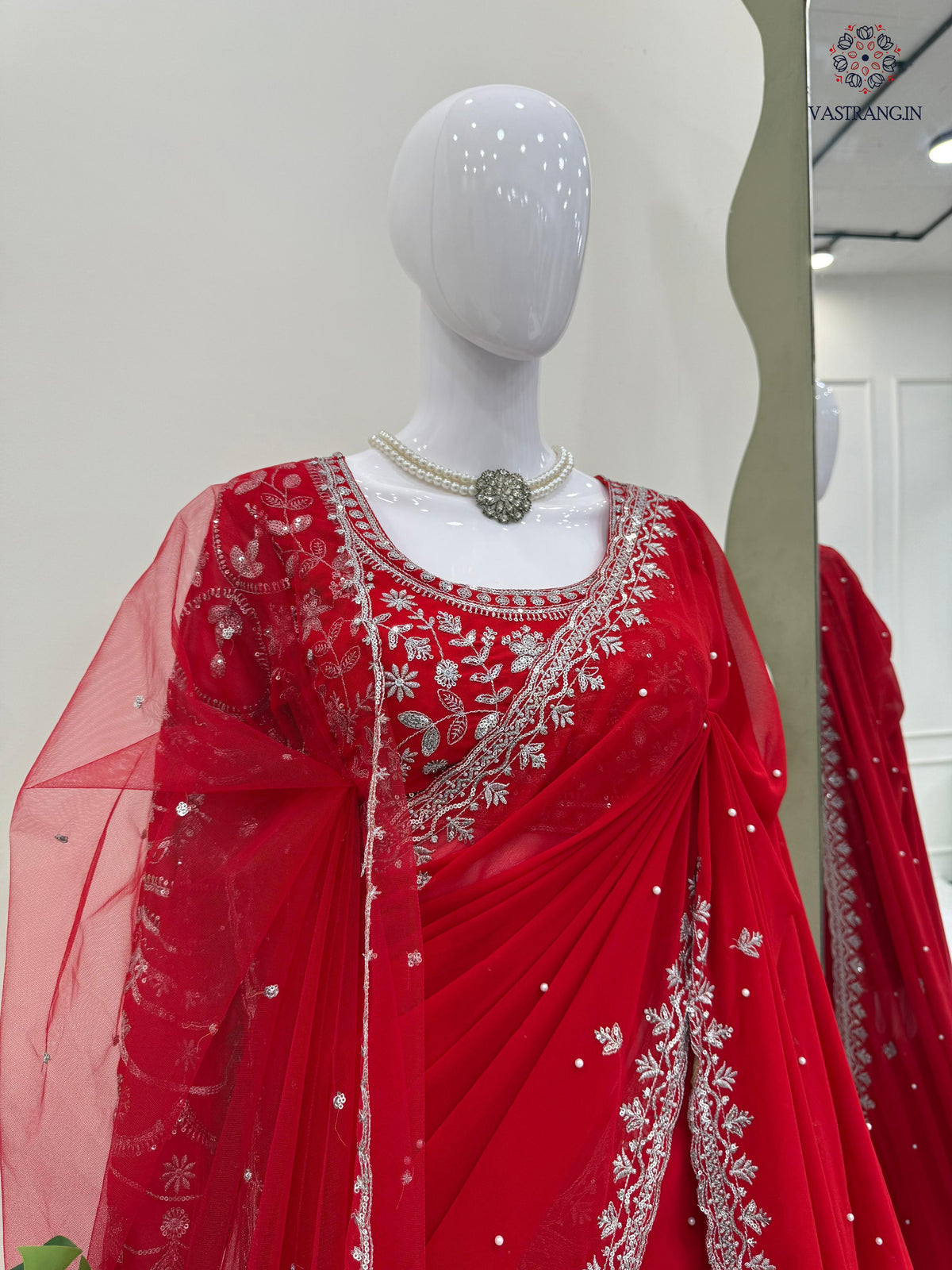 New Wedding Wear Glorious Red Color Faux Georgette Sequence n Pearl Work Fancy Designer Saree Blouse With Stunner Dupatta