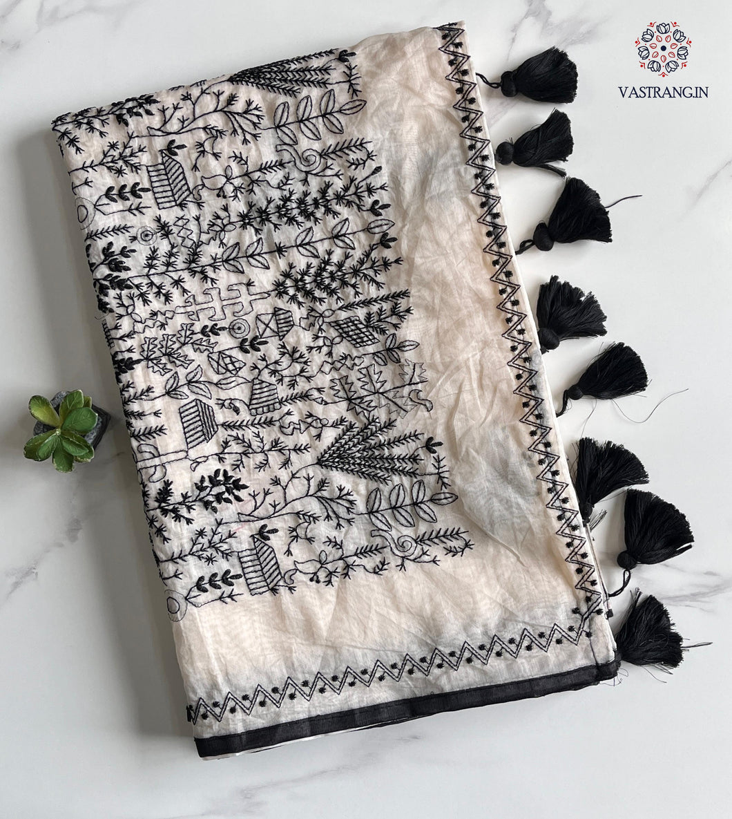 Latest Party Wear off White Colour Chanderi Cotton Heavy Embroidered n Tussels Work Fancy Saree With Blouse