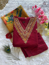 Load image into Gallery viewer, New Wedding Wear Maroon Color Roman Silk Embroidery n Sequence Work Designer Straight Kurta With Trouser n Dupatta Set
