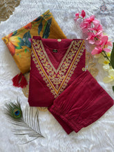 Load image into Gallery viewer, New Wedding Wear Maroon Color Roman Silk Embroidery n Sequence Work Designer Straight Kurta With Trouser n Dupatta Set
