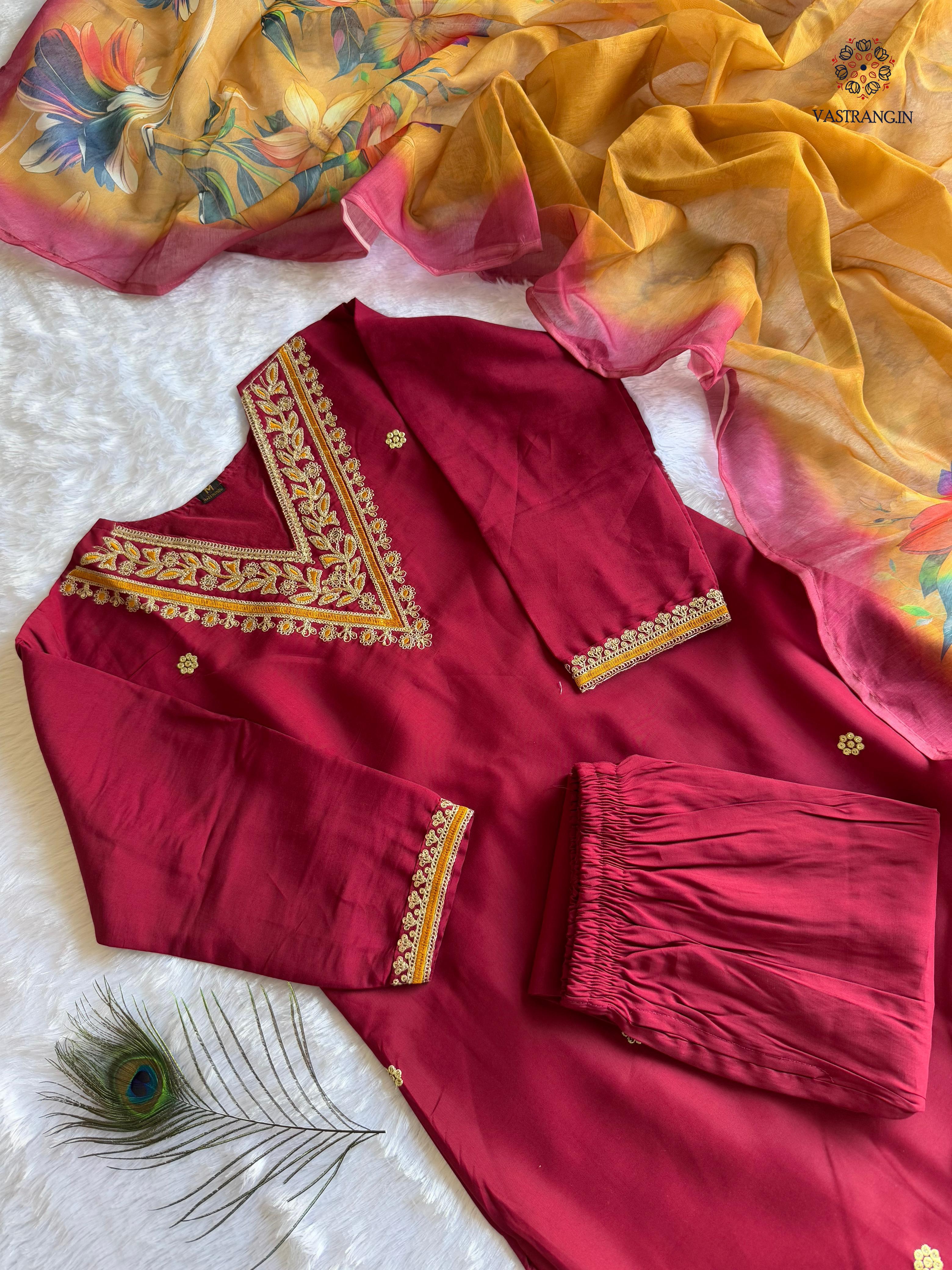 New Wedding Wear Maroon Color Roman Silk Embroidery n Sequence Work Designer Straight Kurta With Trouser n Dupatta Set