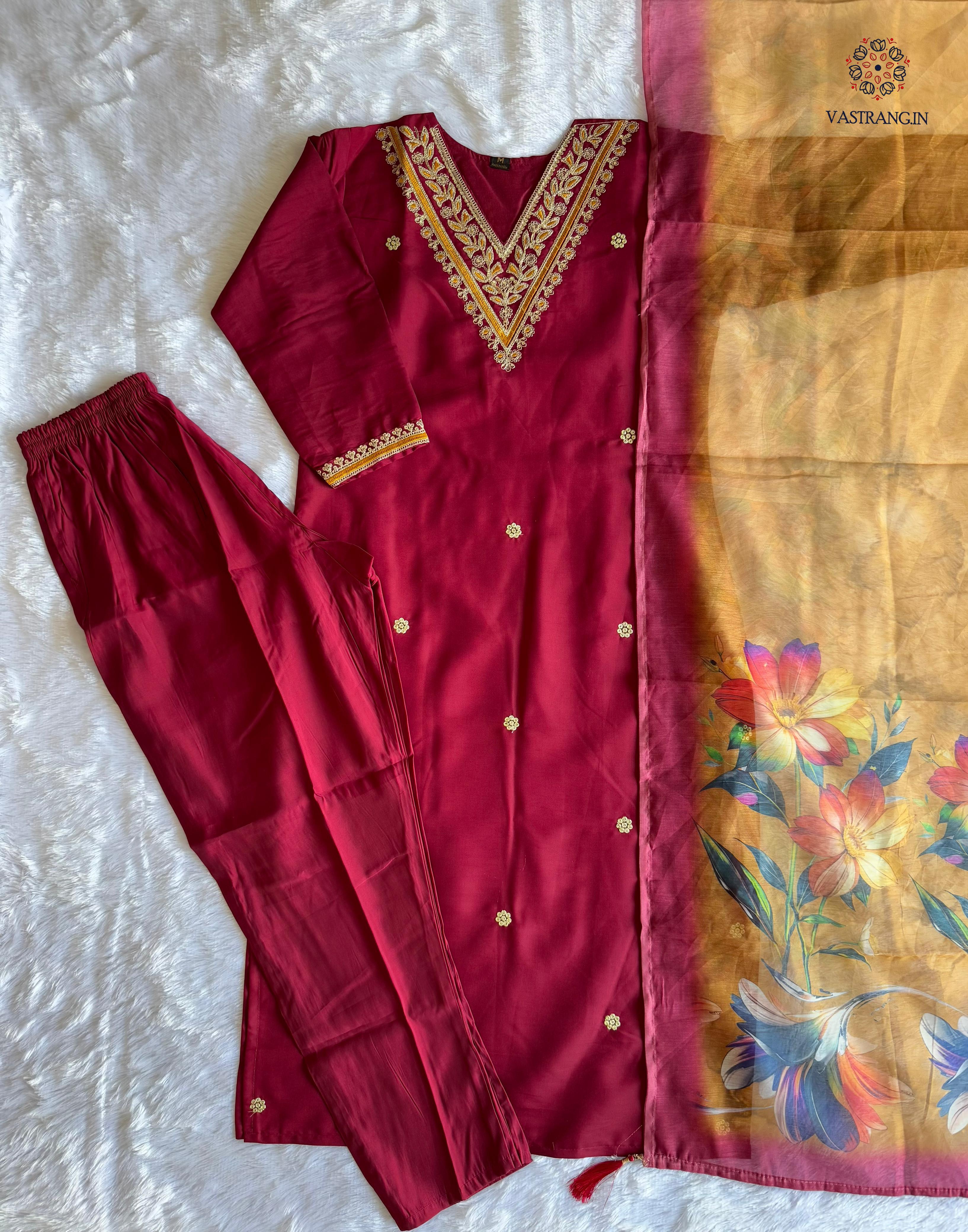 New Wedding Wear Maroon Color Roman Silk Embroidery n Sequence Work Designer Straight Kurta With Trouser n Dupatta Set
