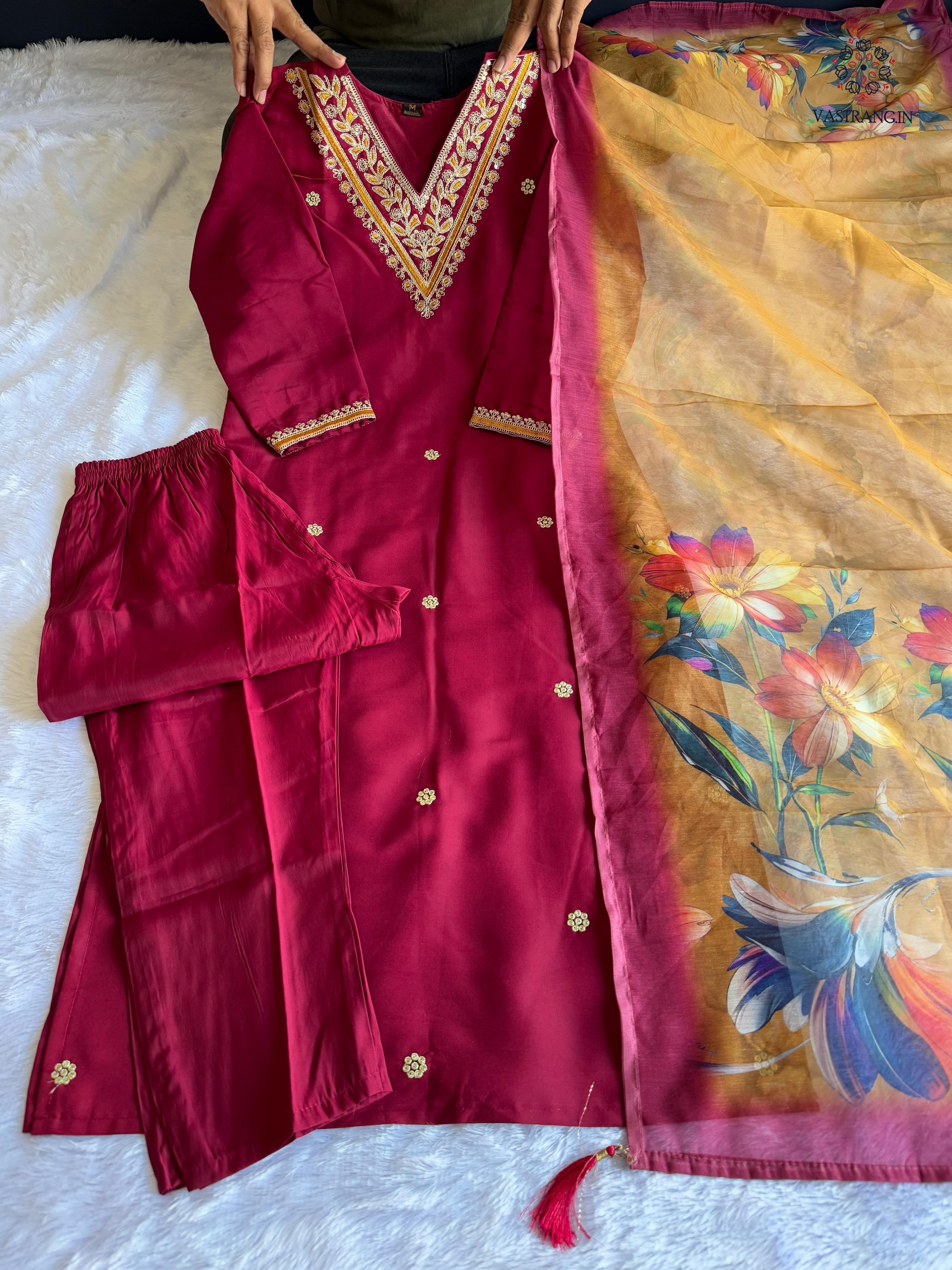 New Wedding Wear Maroon Color Roman Silk Embroidery n Sequence Work Designer Straight Kurta With Trouser n Dupatta Set