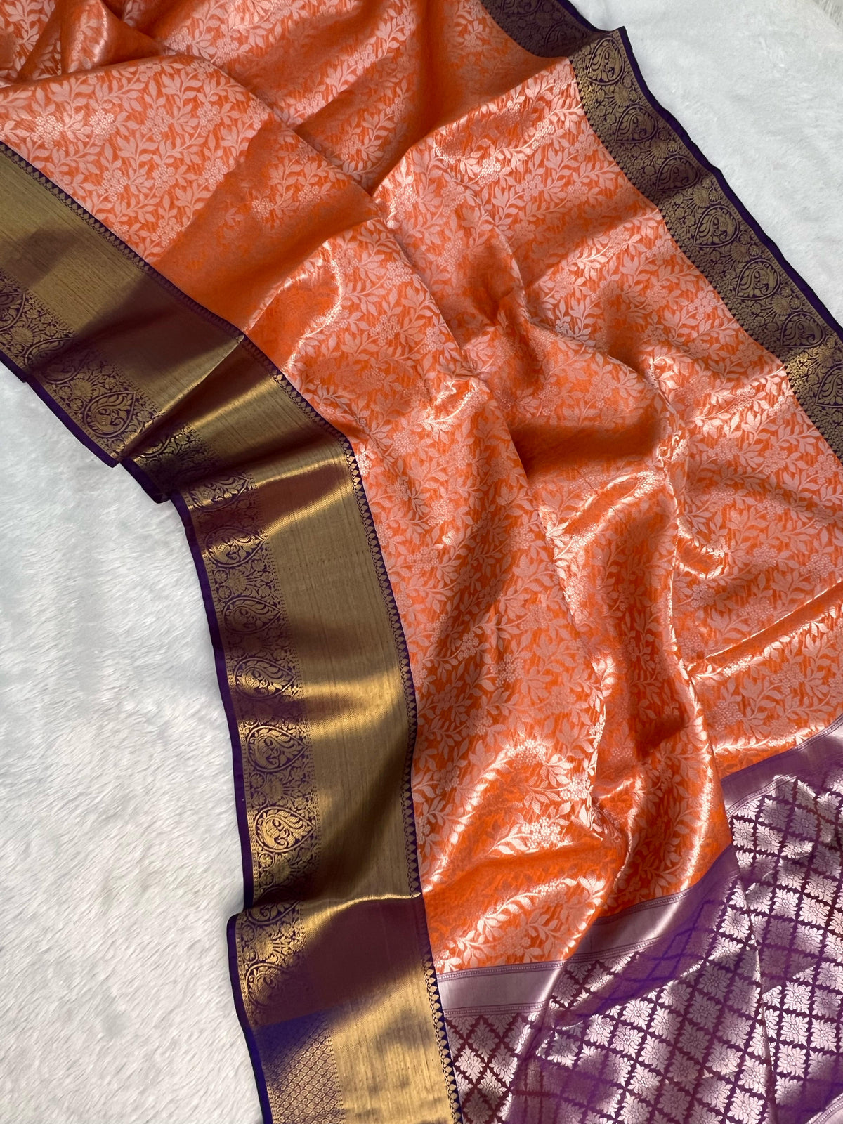 Latest Party Wear Orange Colour Katan Tissue Silk Contrast Purple Border n Silver Zari Wearing Work Desinger Saree With Blouse