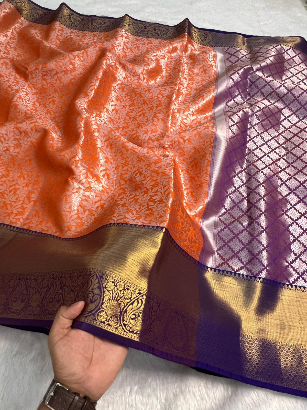 Latest Party Wear Orange Colour Katan Tissue Silk Contrast Purple Border n Silver Zari Wearing Work Desinger Saree With Blouse