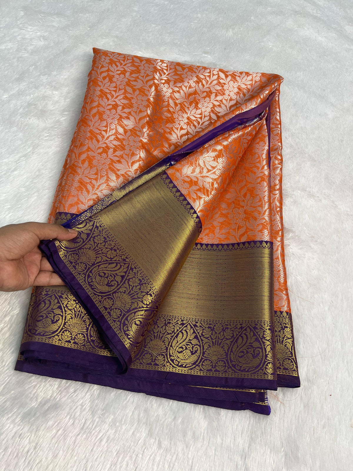 Latest Party Wear Orange Colour Katan Tissue Silk Contrast Purple Border n Silver Zari Wearing Work Desinger Saree With Blouse