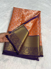 Load image into Gallery viewer, Latest Party Wear Orange Colour Katan Tissue Silk Contrast Purple Border n Silver Zari Wearing Work Desinger Saree With Blouse
