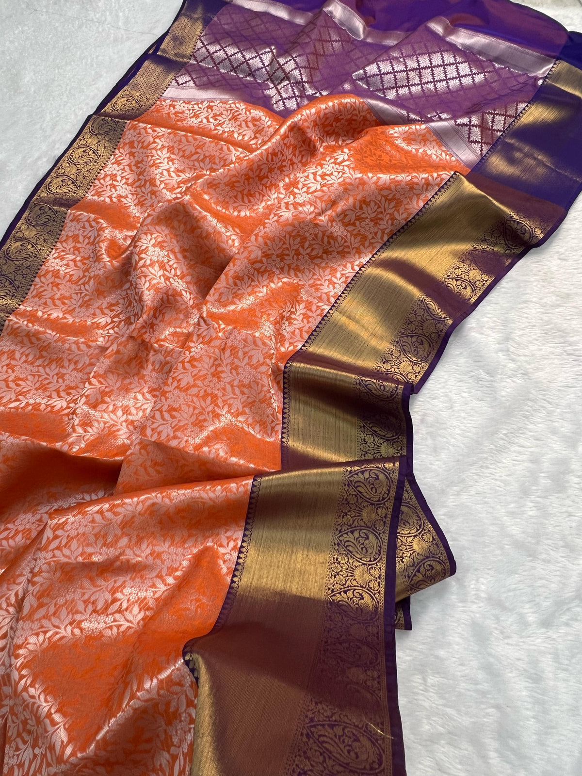 Latest Party Wear Orange Colour Katan Tissue Silk Contrast Purple Border n Silver Zari Wearing Work Desinger Saree With Blouse