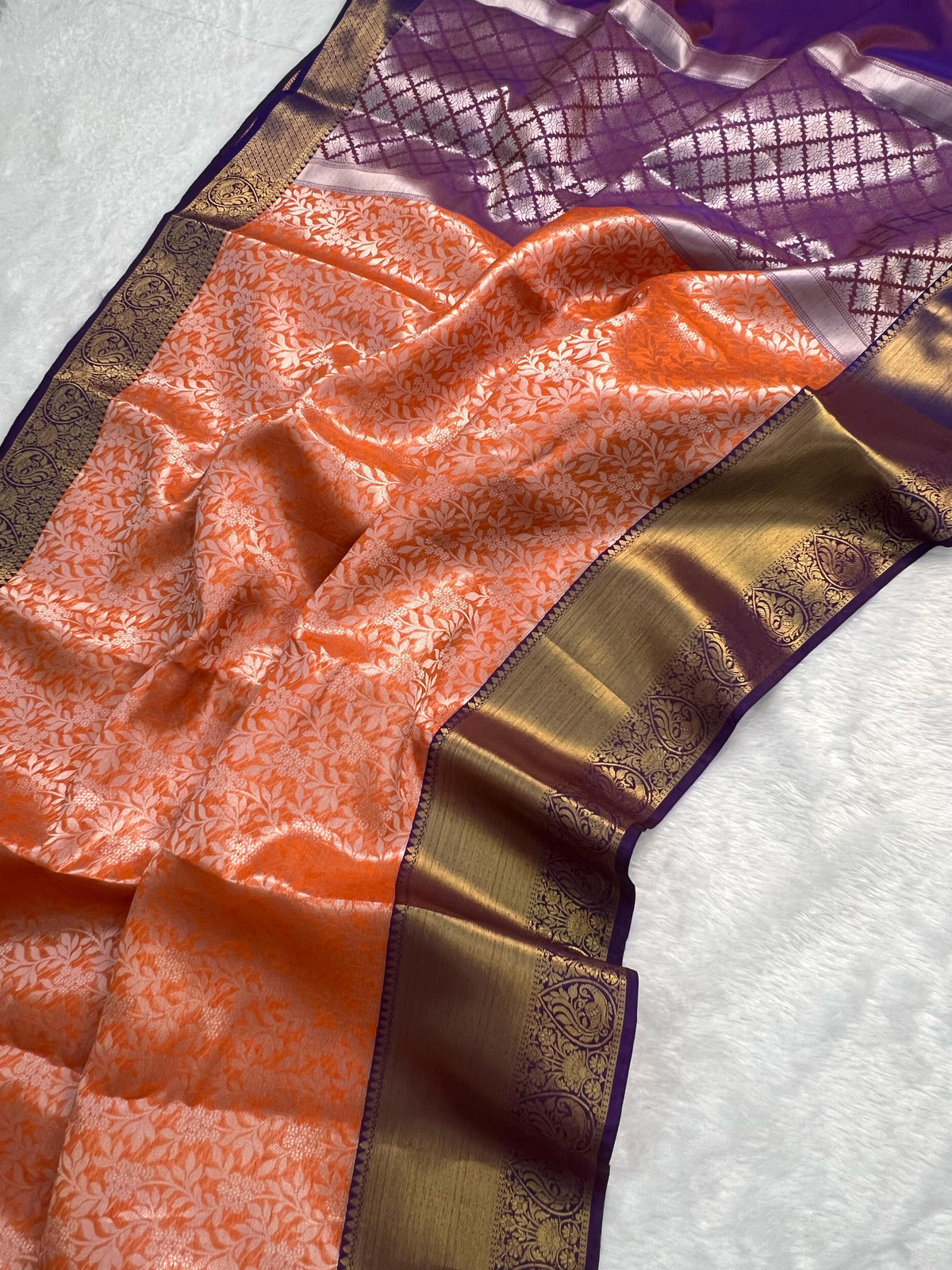 Latest Party Wear Orange Colour Katan Tissue Silk Contrast Purple Border n Silver Zari Wearing Work Desinger Saree With Blouse