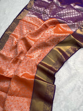Load image into Gallery viewer, Latest Party Wear Orange Colour Katan Tissue Silk Contrast Purple Border n Silver Zari Wearing Work Desinger Saree With Blouse
