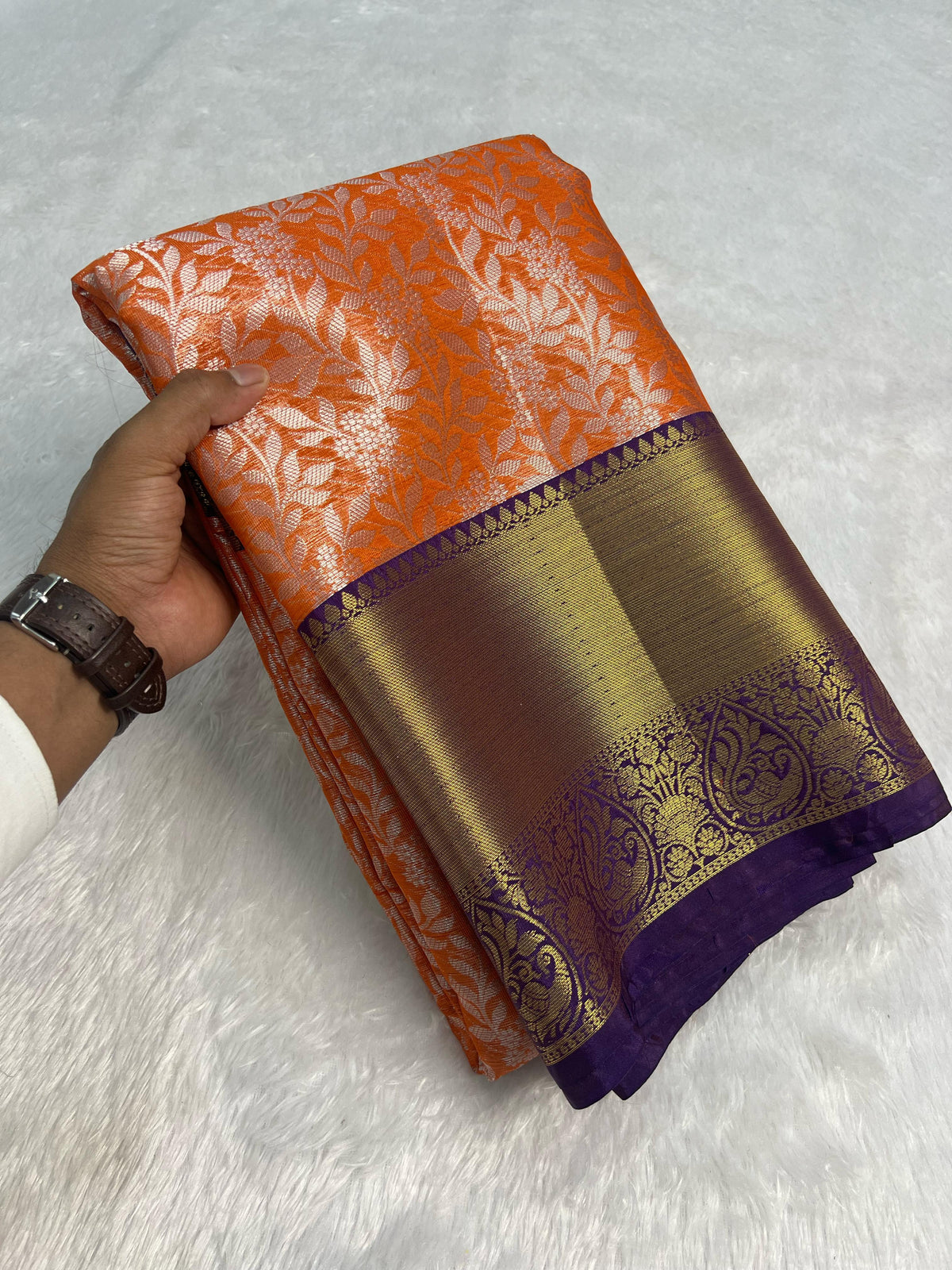 Latest Party Wear Orange Colour Katan Tissue Silk Contrast Purple Border n Silver Zari Wearing Work Desinger Saree With Blouse