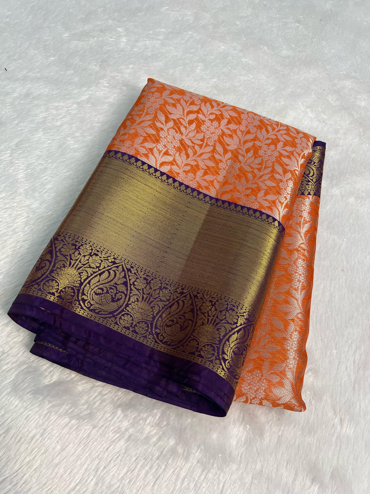 Latest Party Wear Orange Colour Katan Tissue Silk Contrast Purple Border n Silver Zari Wearing Work Desinger Saree With Blouse