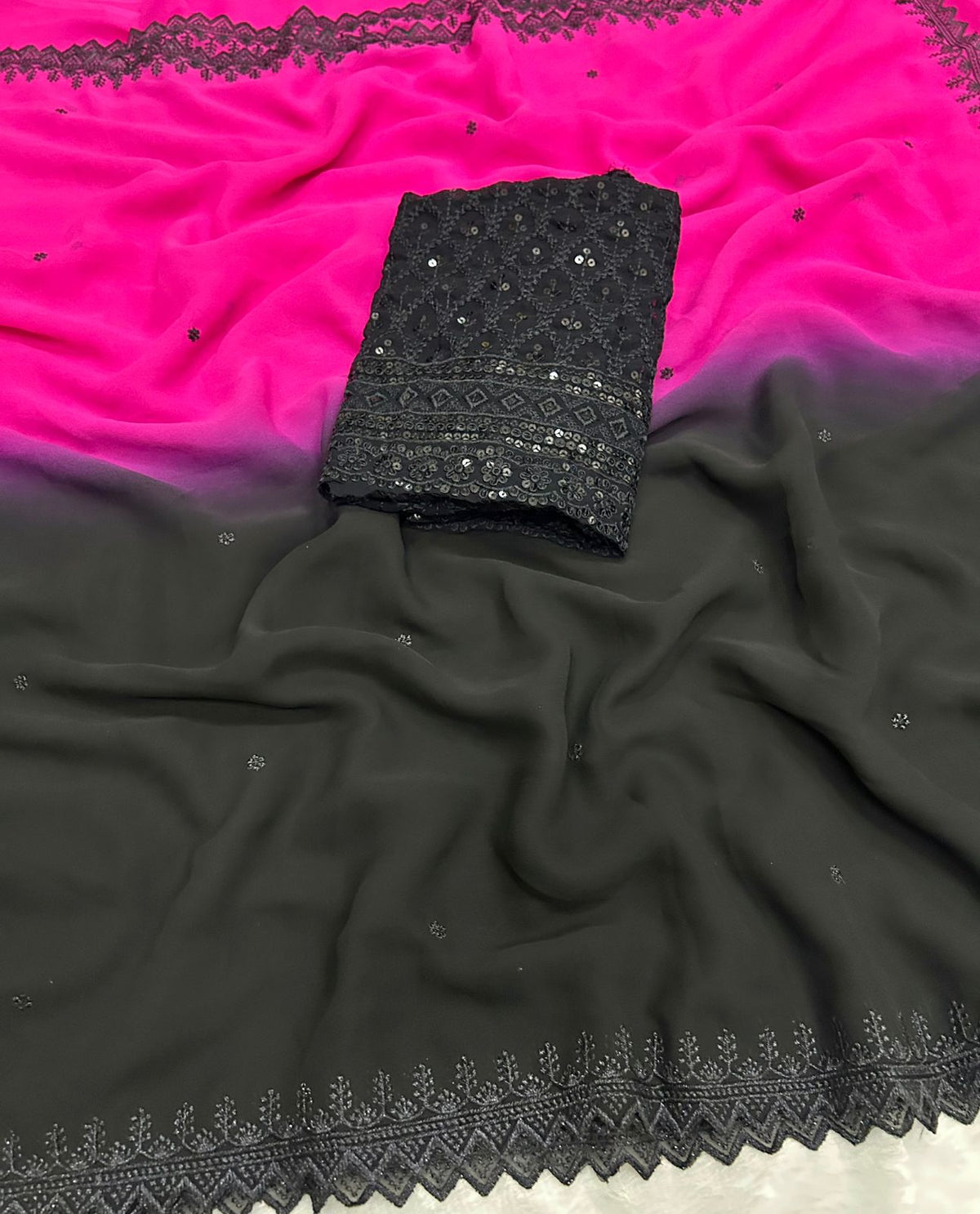Gorgeous Chiffon Black n Pink Pedding Color Sequence n Cut Work Fancy Designer Saree With Blouse Piece