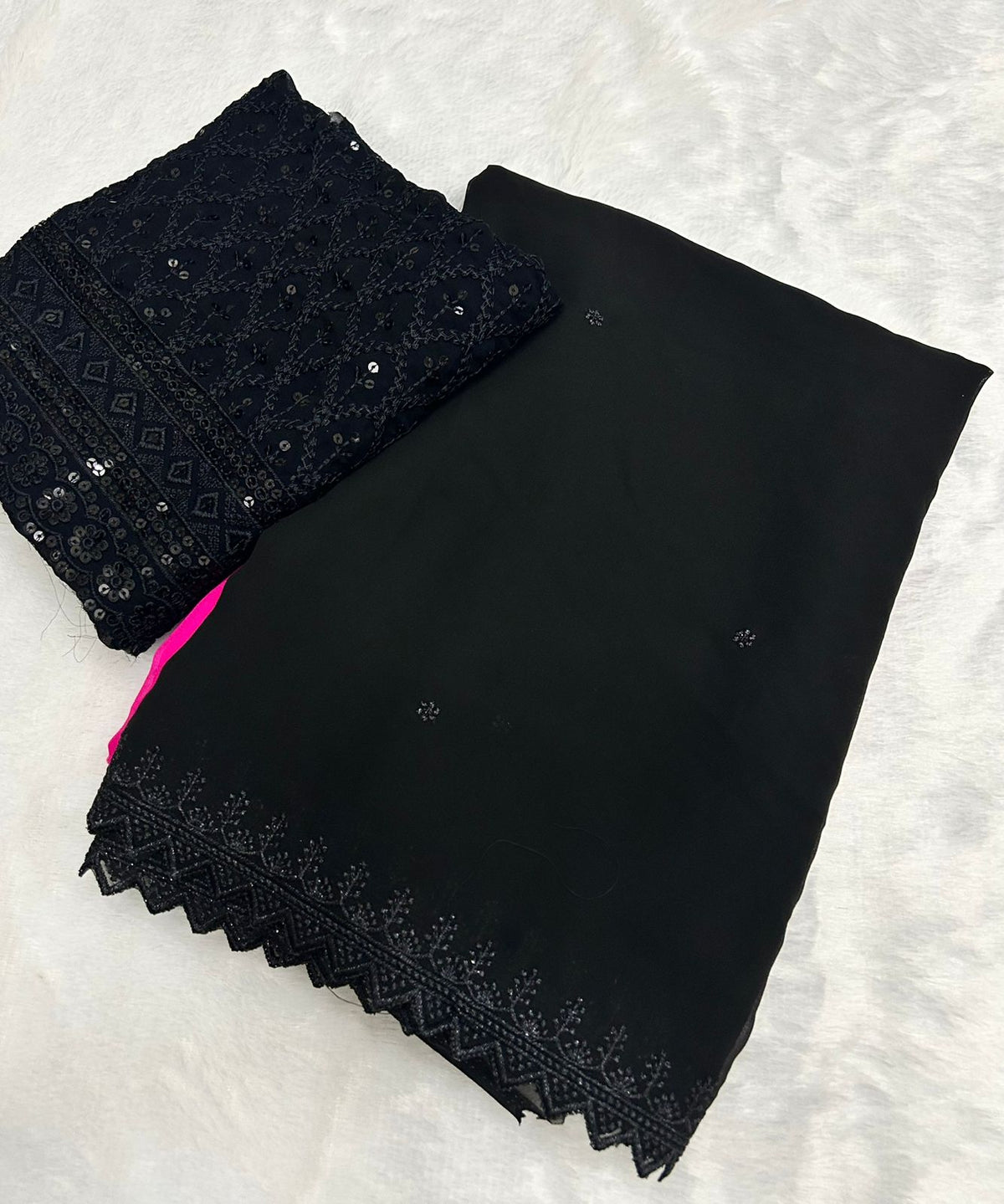 Gorgeous Chiffon Black n Pink Pedding Color Sequence n Cut Work Fancy Designer Saree With Blouse Piece