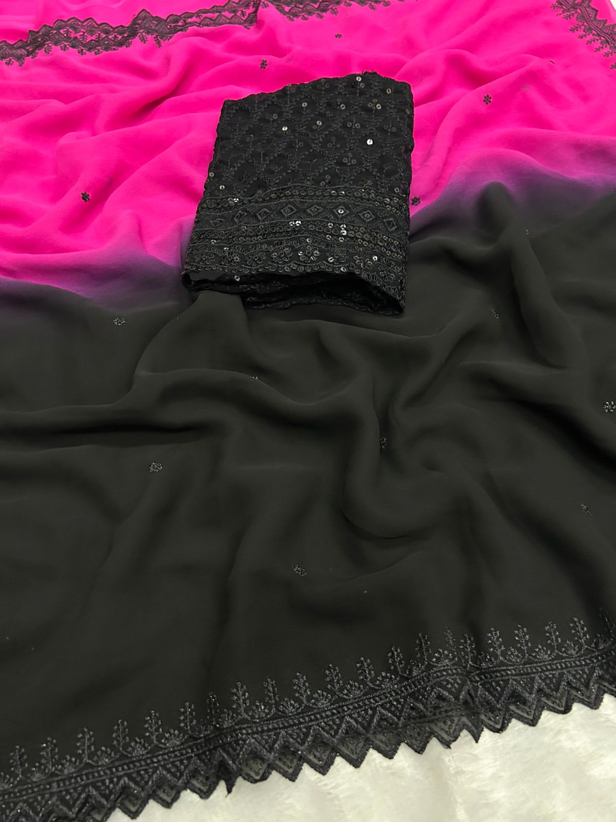 Gorgeous Chiffon Black n Pink Pedding Color Sequence n Cut Work Fancy Designer Saree With Blouse Piece
