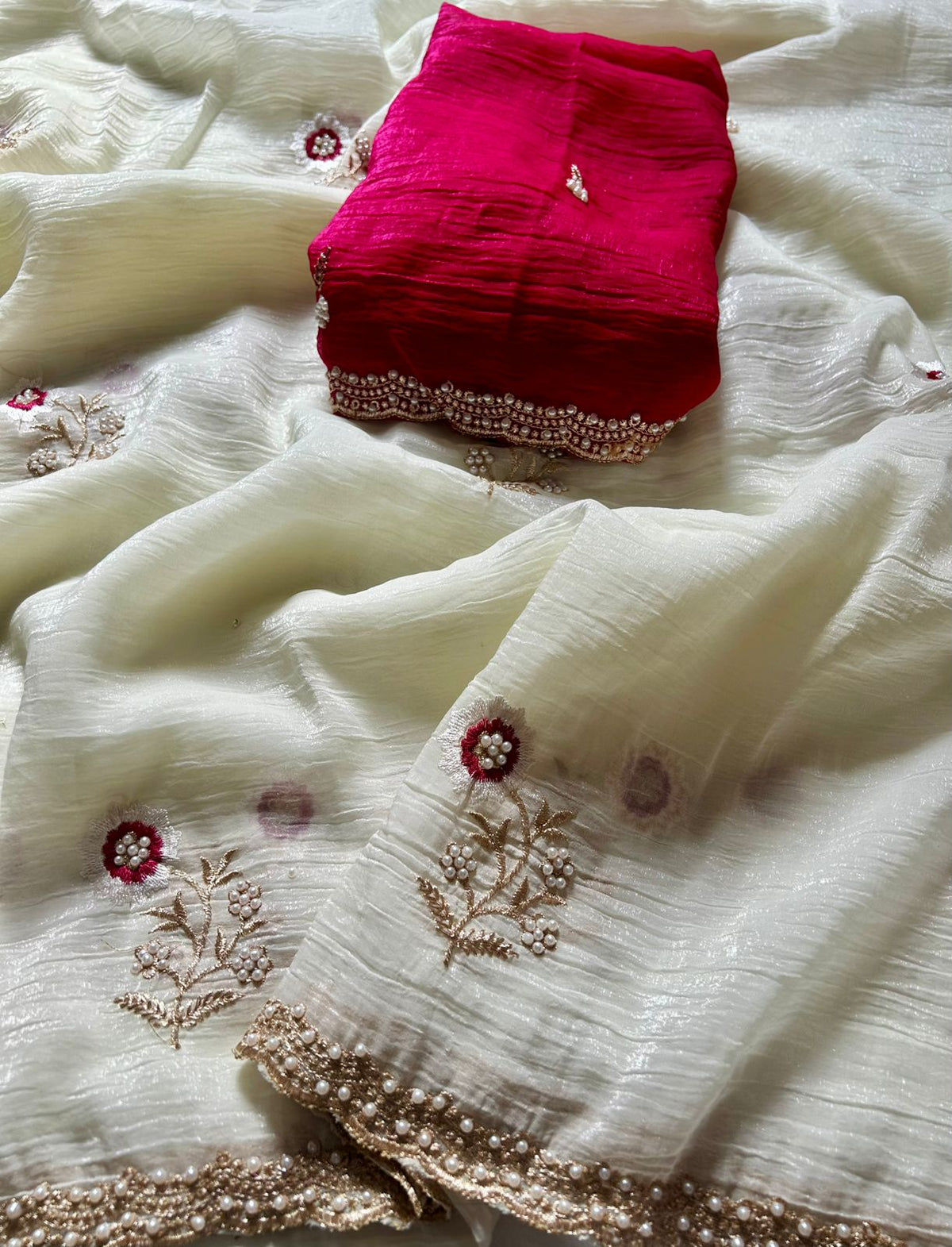 New Off White Color Partywear Crunchy Chiffon Silk Embroidery n Cut Work Fancy Designer Saree With Blouse Piece