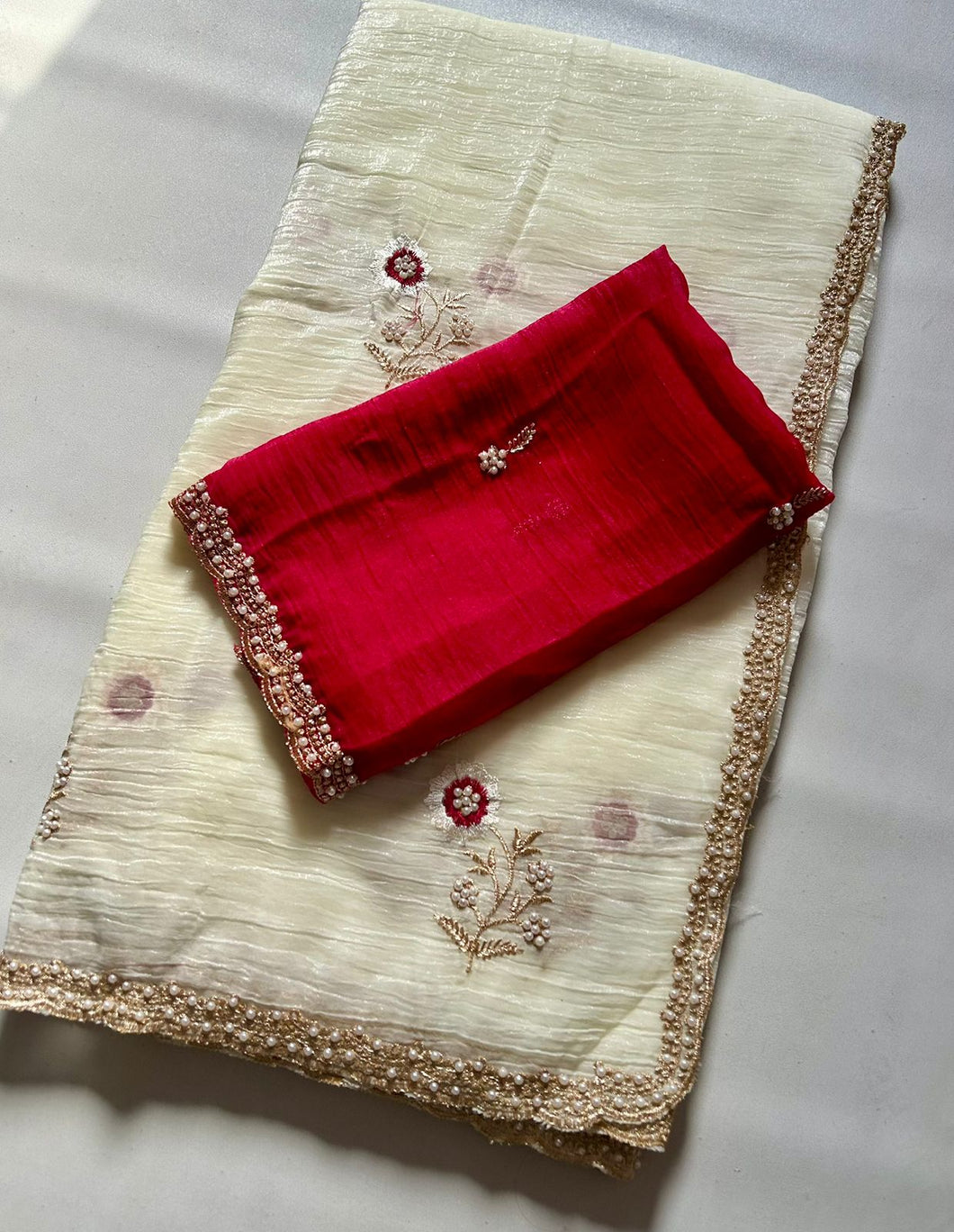 New Off White Color Partywear Crunchy Chiffon Silk Embroidery n Cut Work Fancy Designer Saree With Blouse Piece