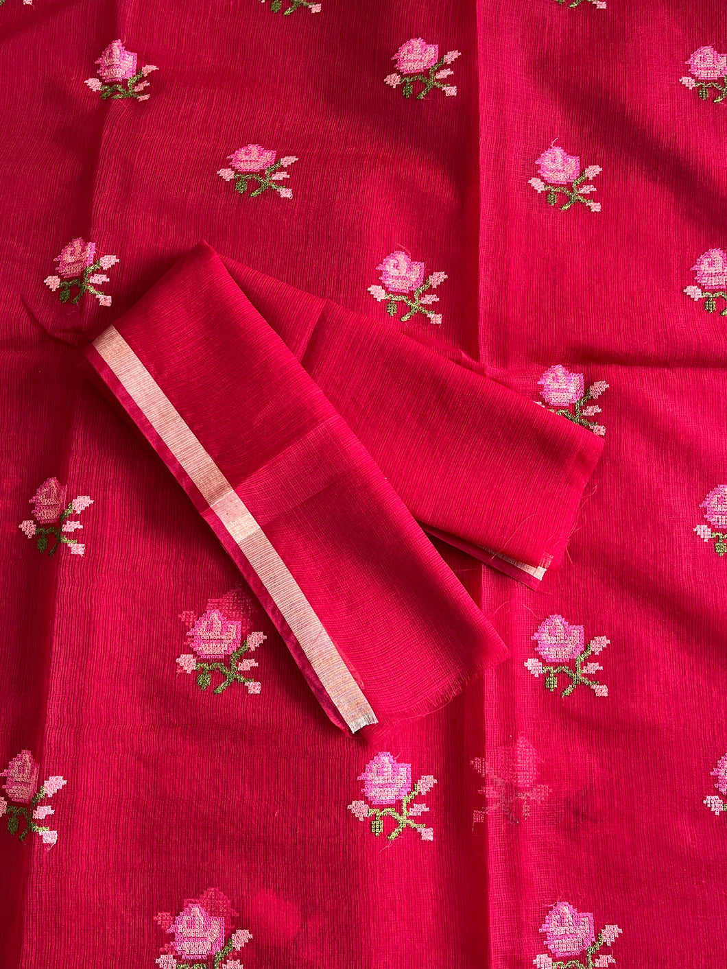 New Wedding Wear Pure Kota Doriya with embroidery work flower on all over the saree with Unstitched Blouse Piece