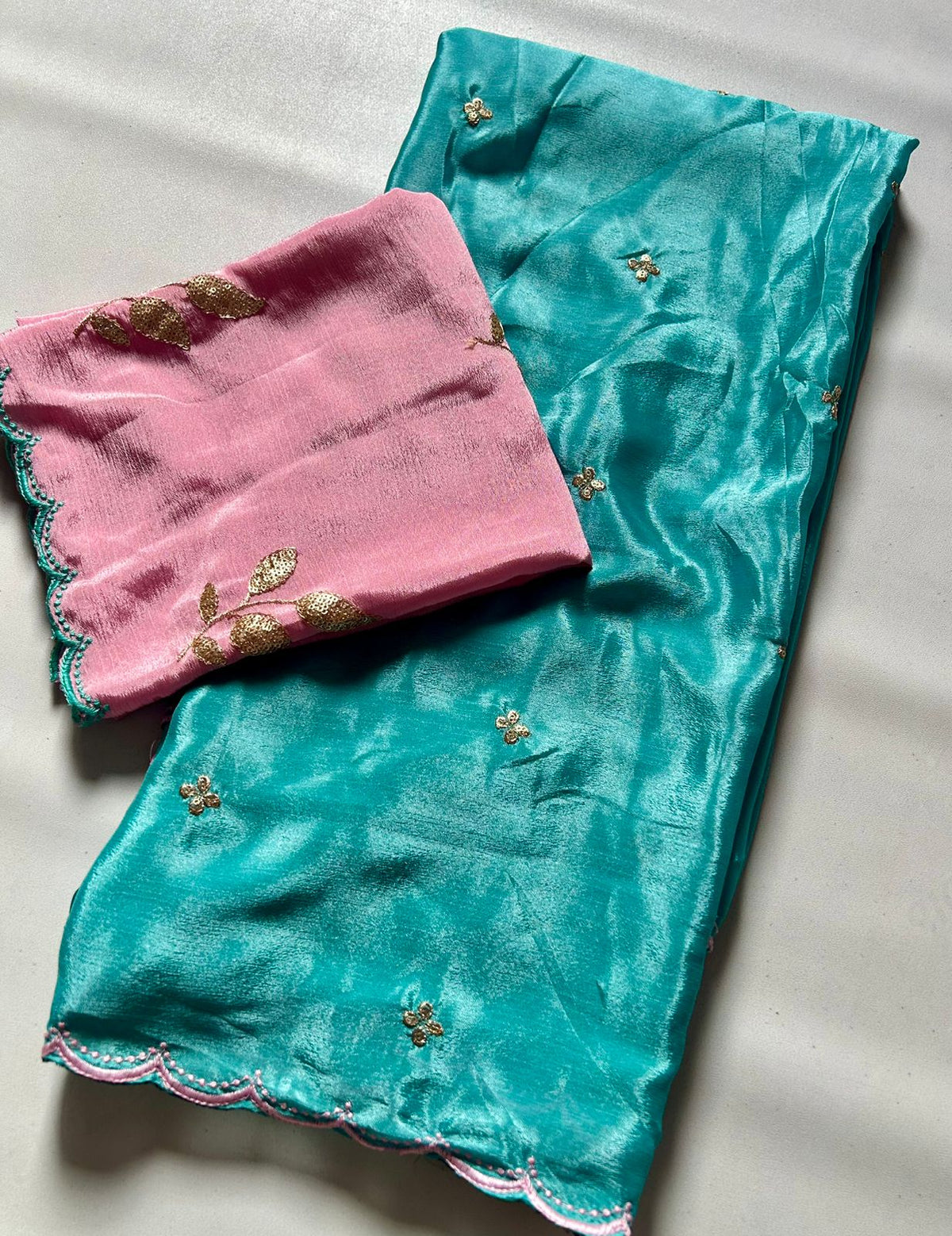 Fantabulous Party Wear Soft Chinnon Silk Heavy Sequence Buta Jari Work N Border Fancy Designer Saree Contrast Blouse For Wedding