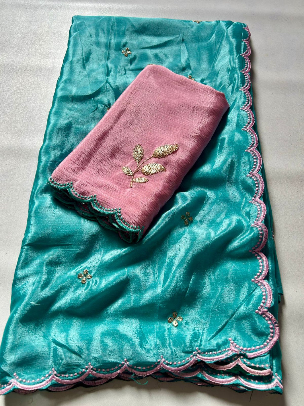 Fantabulous Party Wear Soft Chinnon Silk Heavy Sequence Buta Jari Work N Border Fancy Designer Saree Contrast Blouse For Wedding