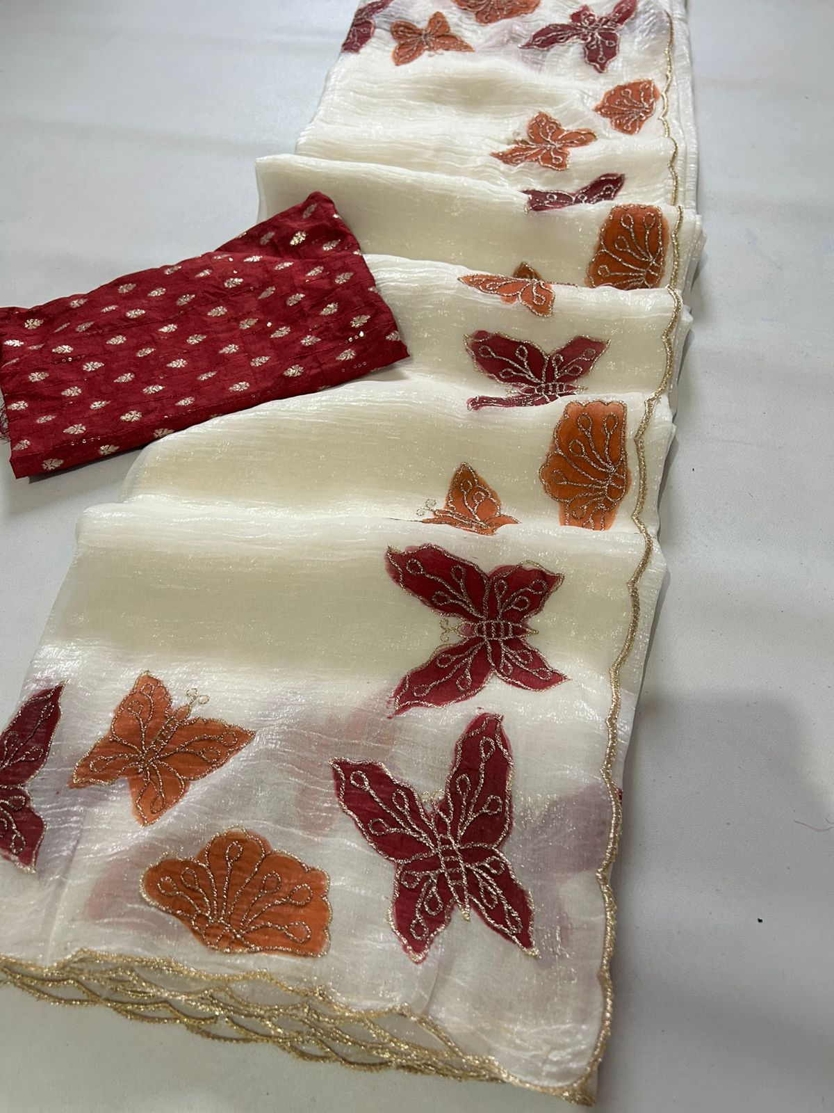 Marvellous Party Wear Off White Crunchy Silk Embroidery Work Fancy Desginer Saree With Blouse