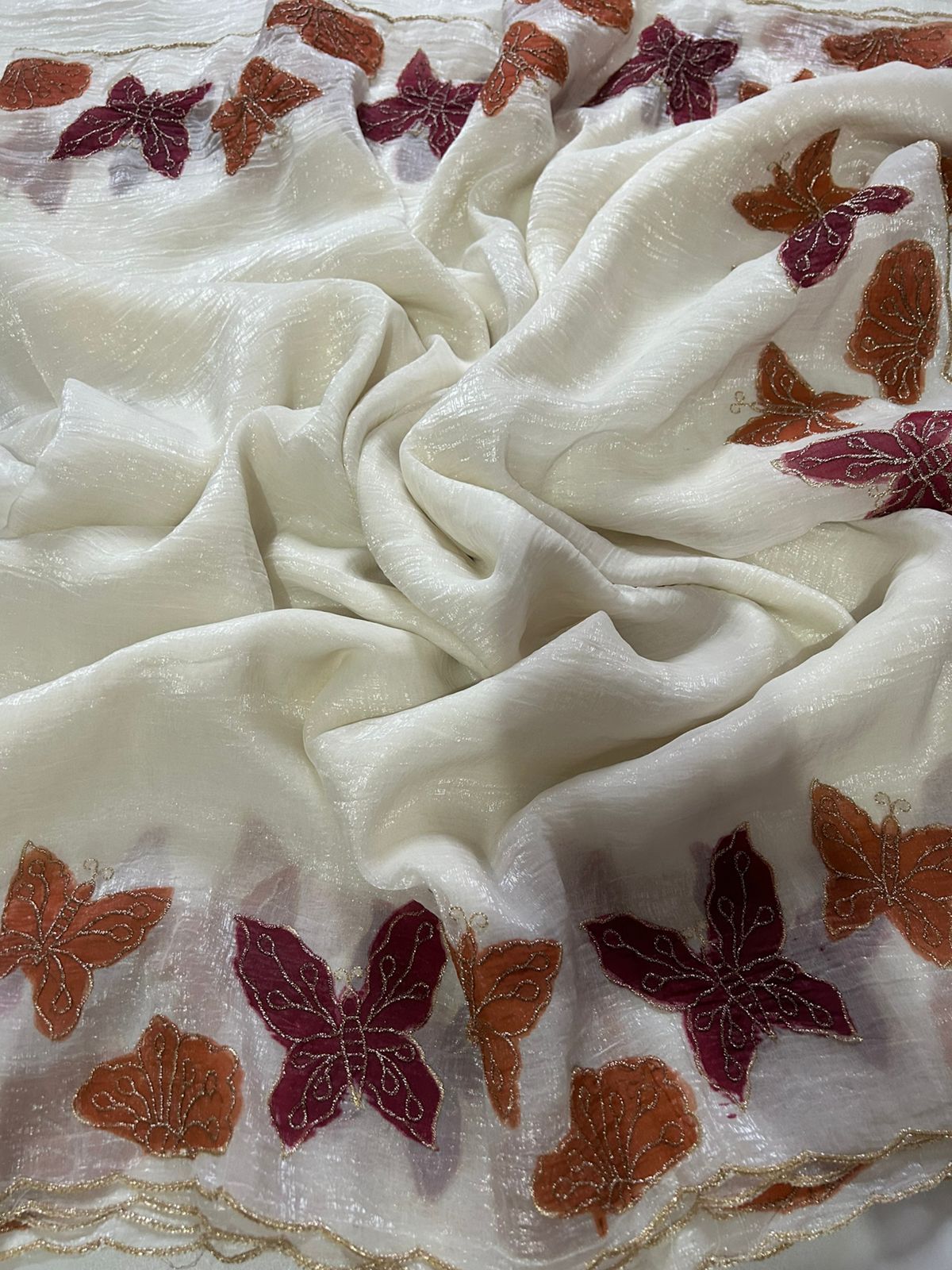 Marvellous Party Wear Off White Crunchy Silk Embroidery Work Fancy Desginer Saree With Blouse