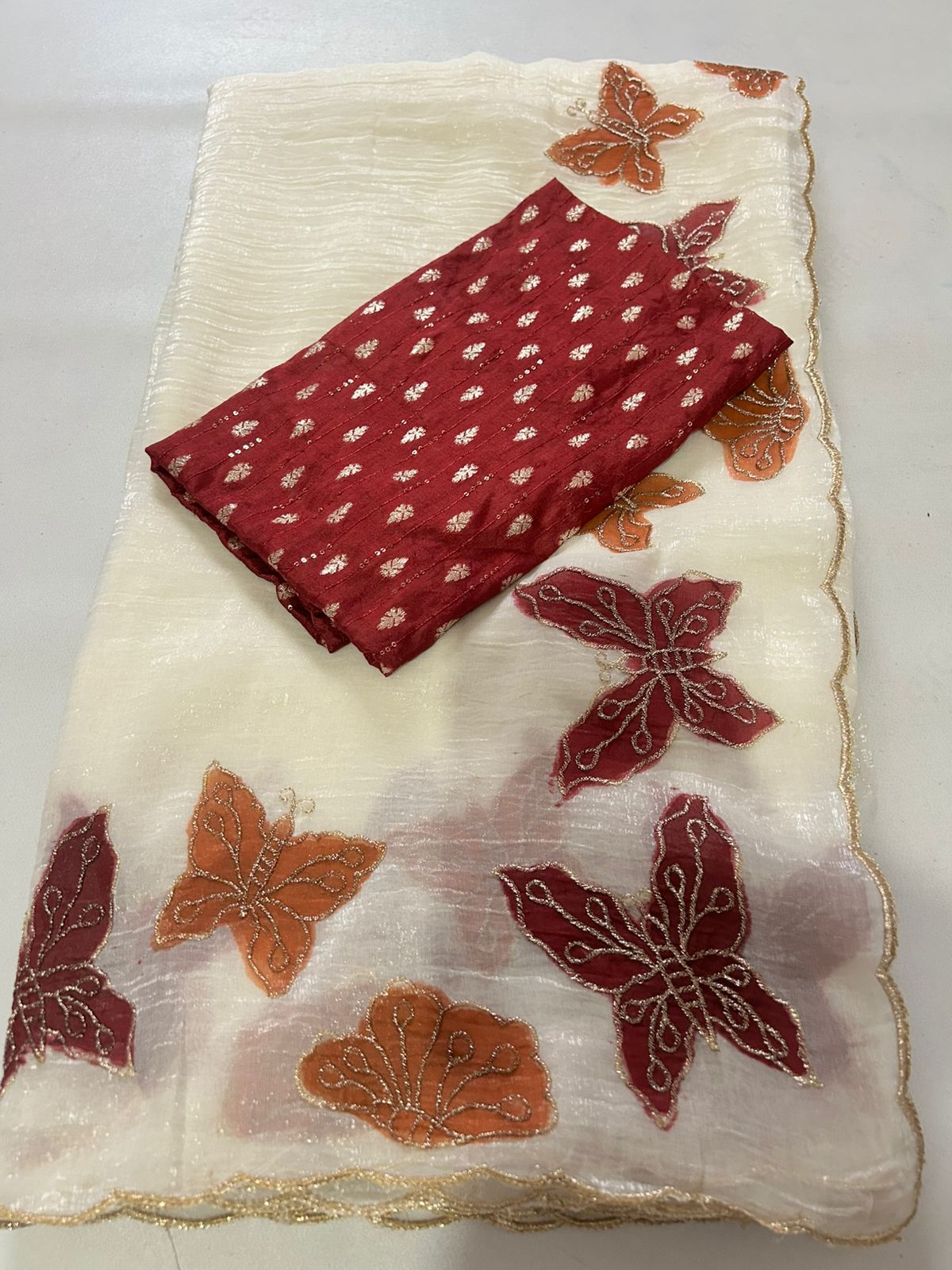 Marvellous Party Wear Off White Crunchy Silk Embroidery Work Fancy Desginer Saree With Blouse