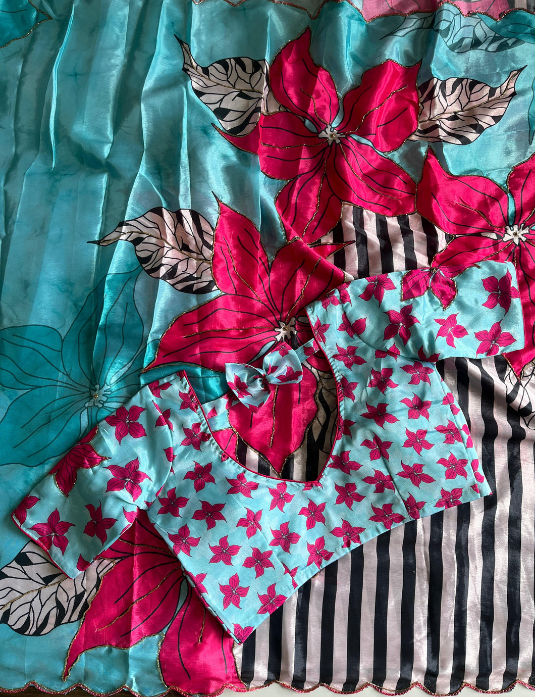 Evocative Blue Color Chinnon Silk Print n Handwork Fancy Designer Saree With Luxuriant Unstitched Blouse