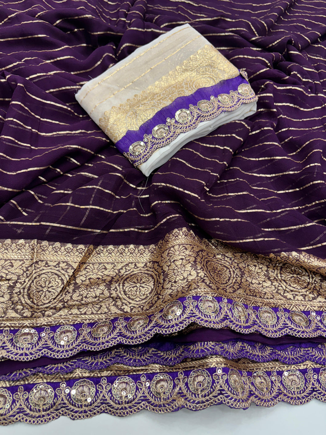 New Wedding wear Purple Color Viscose Georgette Jacquard Weaving With Sequence Lace Work Designer Saree