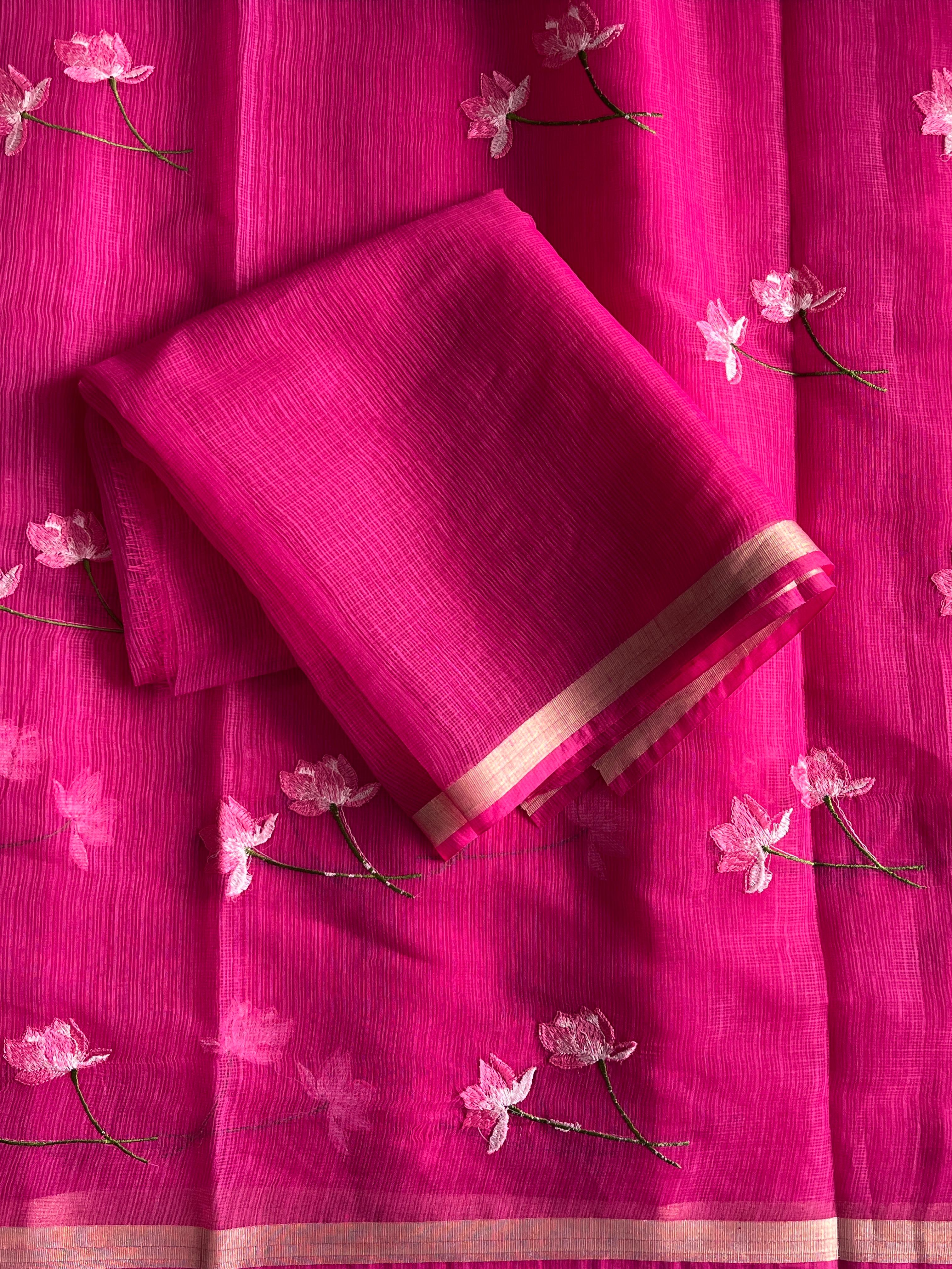 Groovy Pink Color Pure Kota Doriya Embroidery n Zari Border Work Fancy Designer Saree with Unstitched Blouse Piece