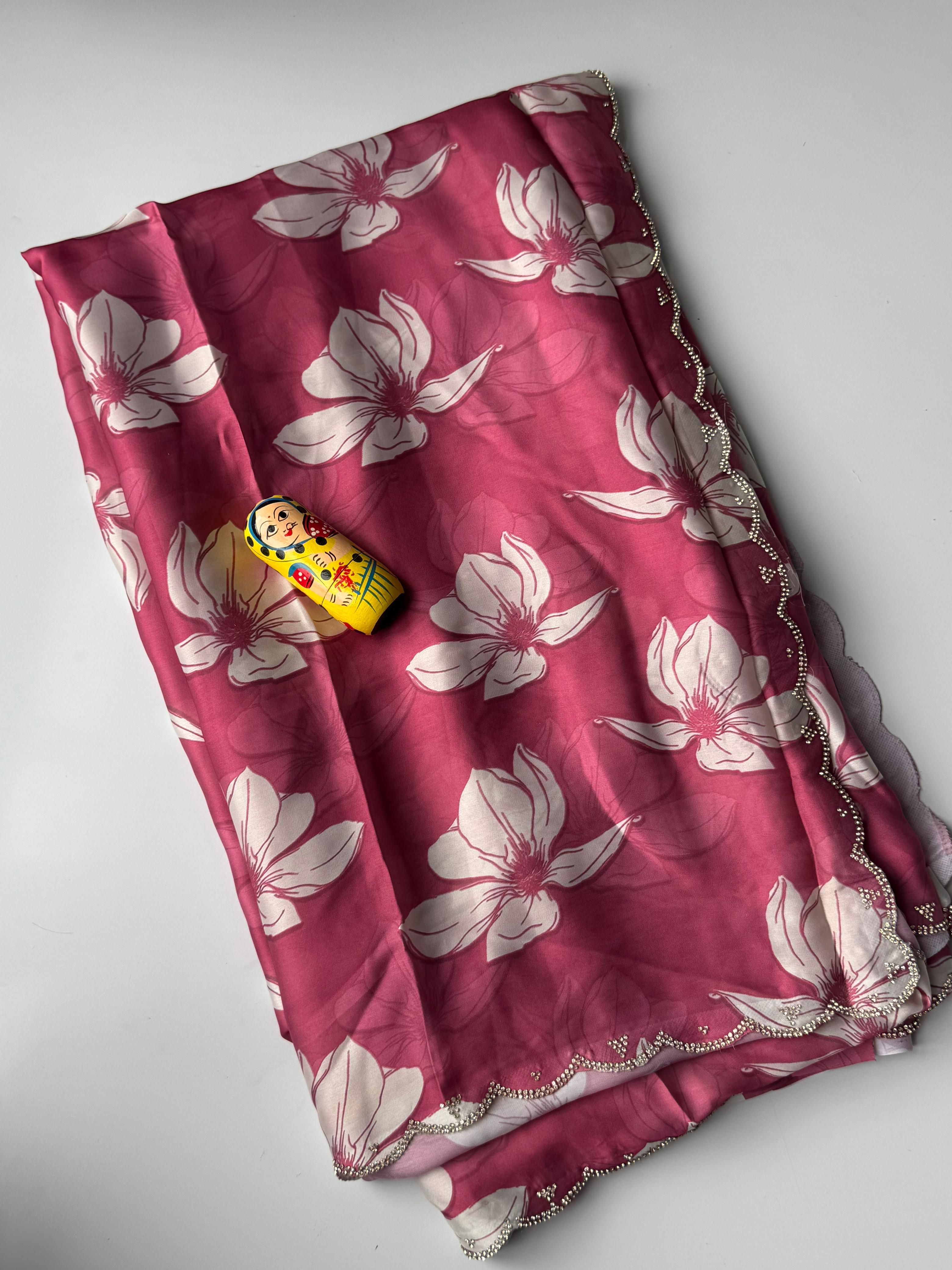 Mellifluous Party Wear Soft Satin Georgette Flower Print Zarkan Diamond N Cut Work Fancy Designer Saree With Blouse Piece