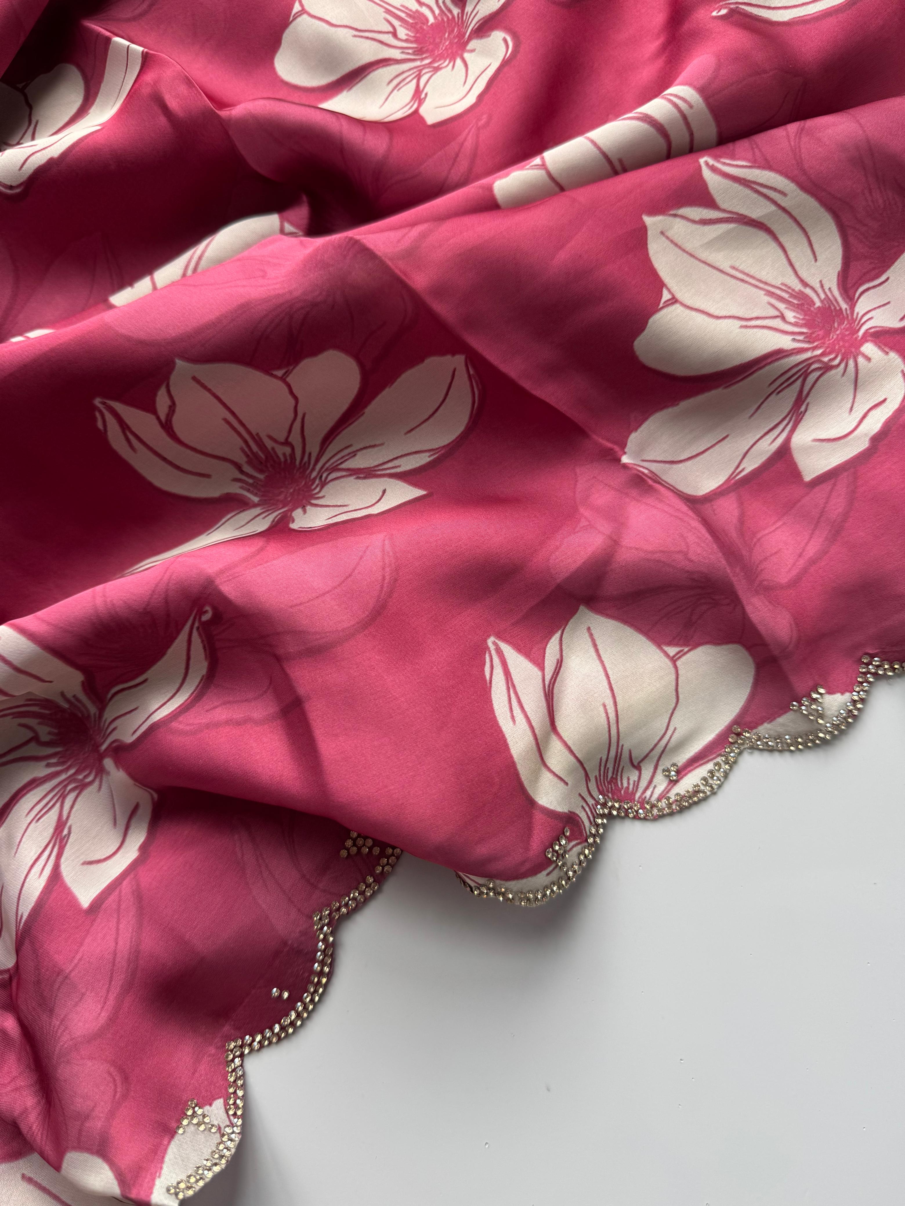 Mellifluous Party Wear Soft Satin Georgette Flower Print Zarkan Diamond N Cut Work Fancy Designer Saree With Blouse Piece