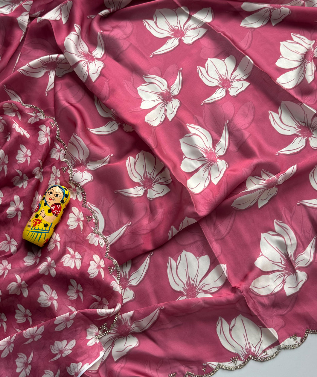 Mellifluous Party Wear Soft Satin Georgette Flower Print Zarkan Diamond N Cut Work Fancy Designer Saree With Blouse Piece
