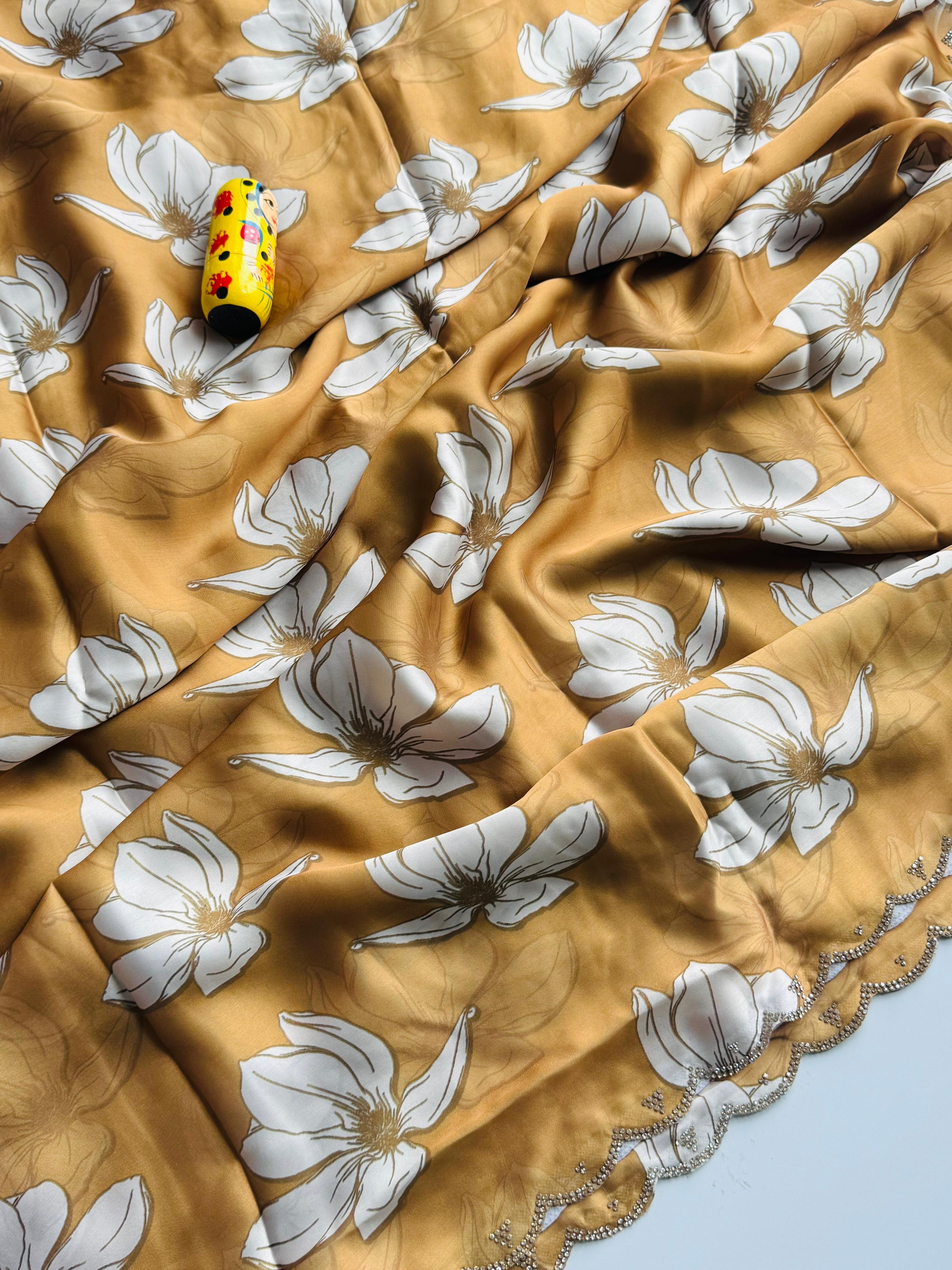 Mellifluous Party Wear Soft Satin Georgette Flower Print Zarkan Diamond N Cut Work Fancy Designer Saree With Blouse Piece