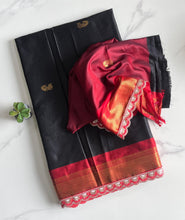 Load image into Gallery viewer, Evocative Black Cotton Silk Jacquard Zari Weaving n Sequence Lace Work Saree With Luxuriant Blouse
