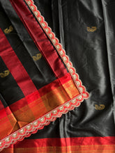 Load image into Gallery viewer, Evocative Black Cotton Silk Jacquard Zari Weaving n Sequence Lace Work Saree With Luxuriant Blouse
