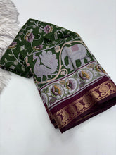 Load image into Gallery viewer, Incomparable Party Wear Pure Mangalkari Viscose Silk Print With Jacquard Work Rich Pallu Fancy Designer Saree For Occasion
