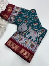 Load image into Gallery viewer, Incomparable Party Wear Pure Mangalkari Viscose Silk Print With Jacquard Work Rich Pallu Fancy Designer Saree For Occasion
