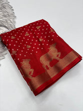 Load image into Gallery viewer, Marvellous Party Wear Red Colour Pure Dola Silk Zari Jacquard Weaving Work Fancy Designer Saree For Women

