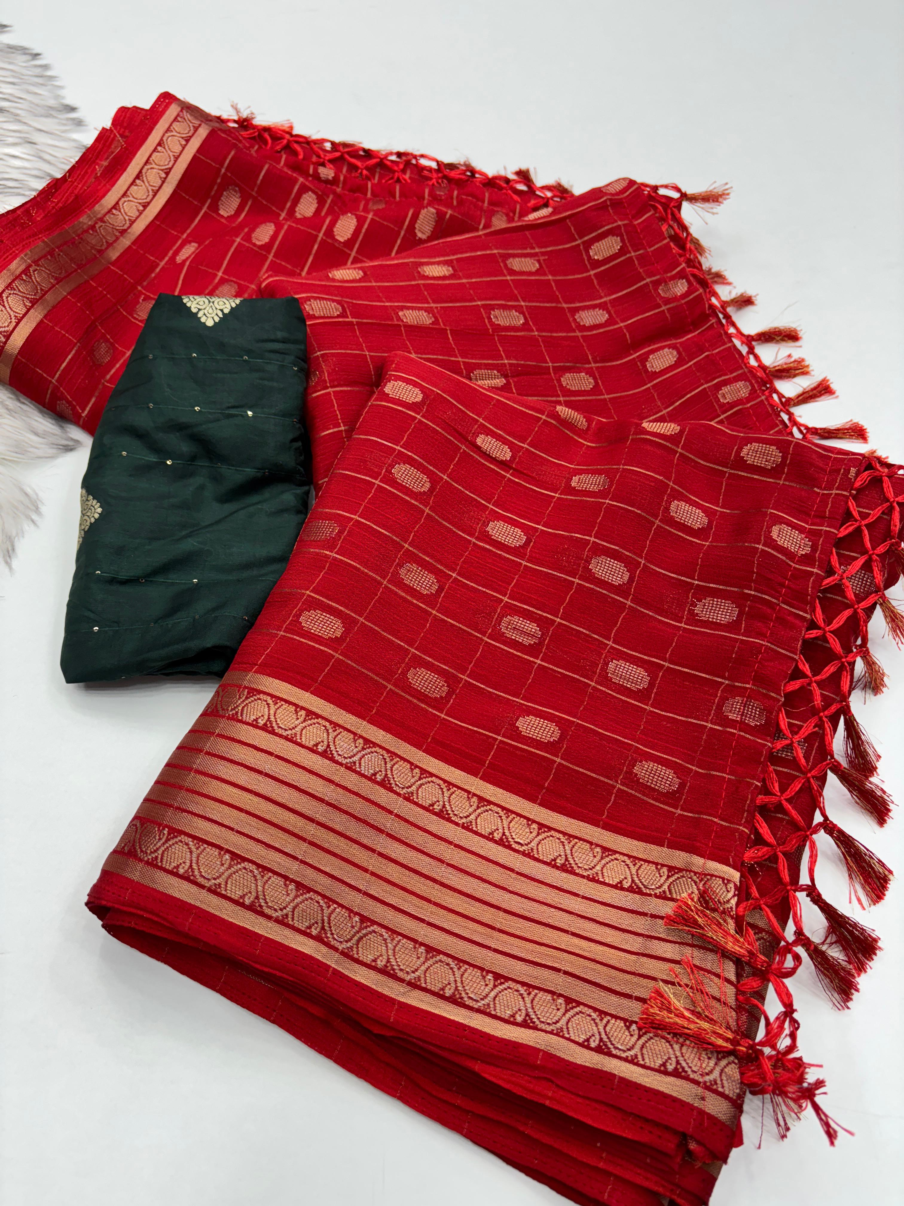 Splendorous Party Wear Red Colour Pure Dola Silk Zari Jacquard Weaving Butti Work Designer Border Saree With Contrast Blouse Piece