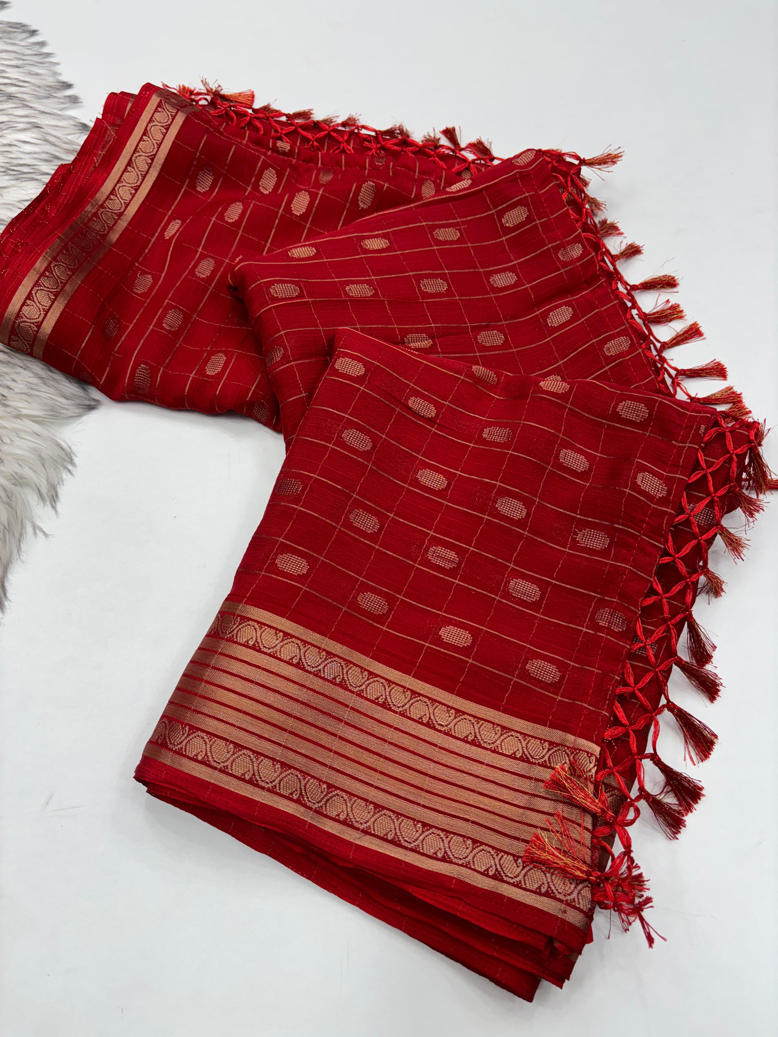 Splendorous Party Wear Red Colour Pure Dola Silk Zari Jacquard Weaving Butti Work Designer Border Saree With Contrast Blouse Piece