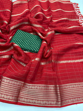 Load image into Gallery viewer, Evocative Function Wear Red Colour Pure Chinon Zari Silk With Chex Weaving Butti Work Designer Jacquard Border Saree For Women
